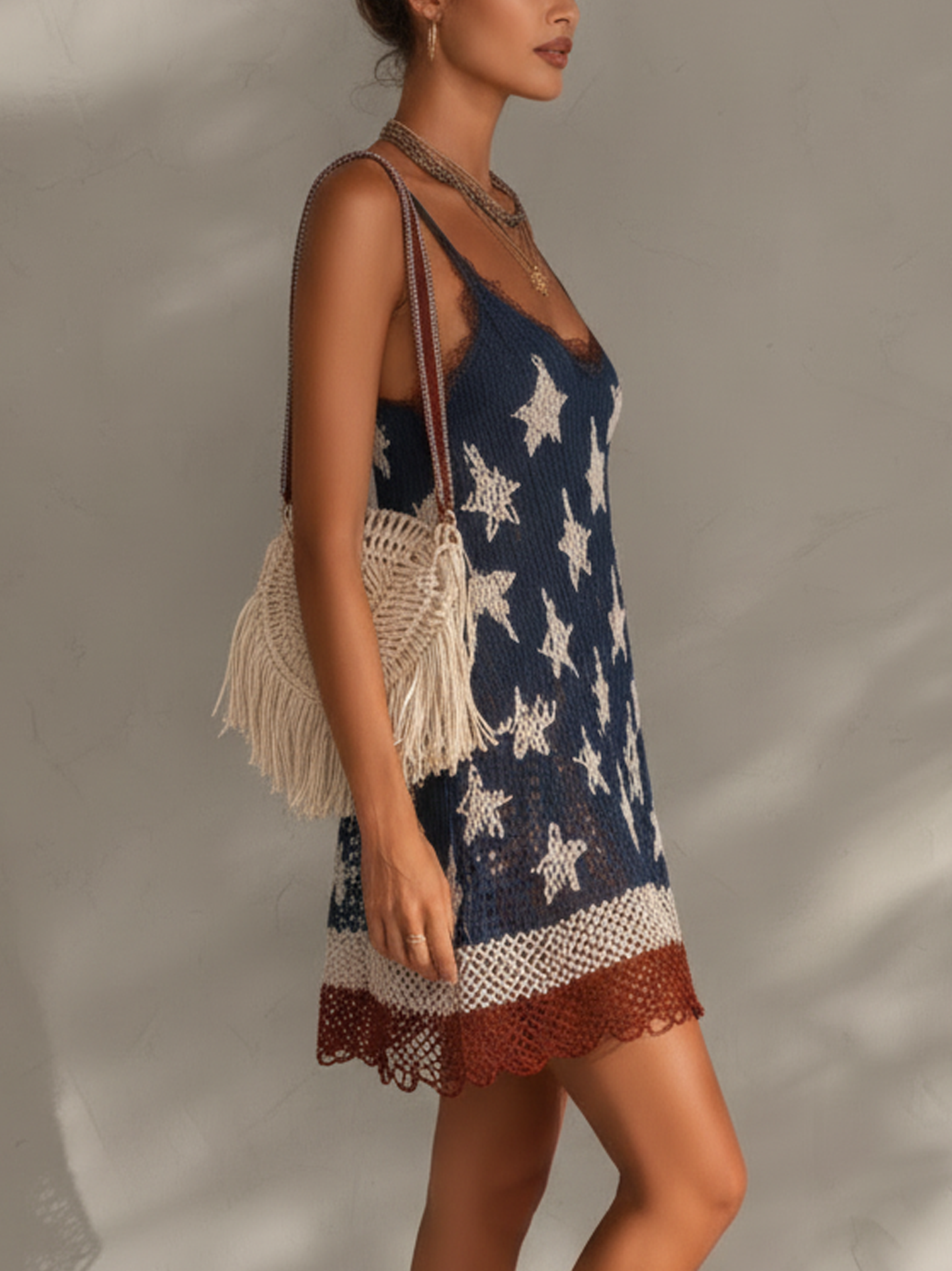 Navy Blue Star Knit Lace Trim Mini Dress