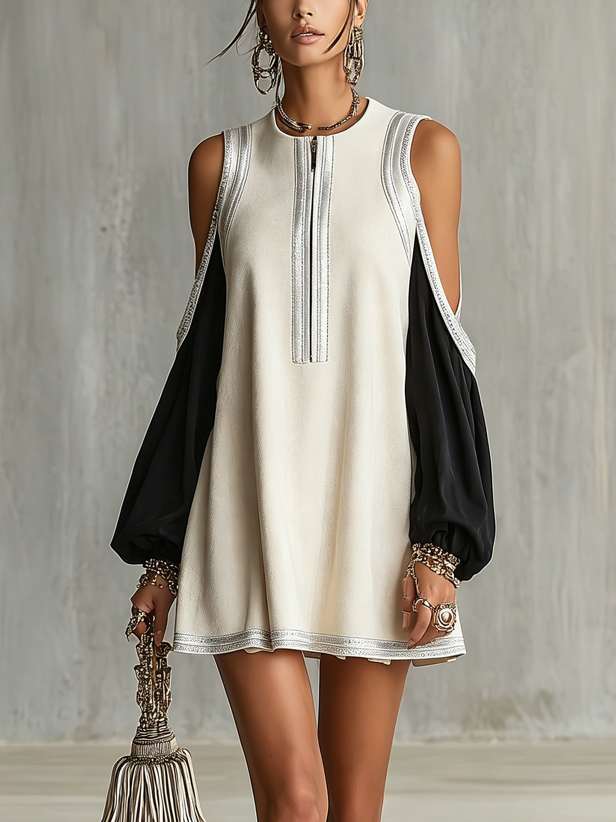 Ivory And Black Contrast Mini Dress With Cutout Shoulders