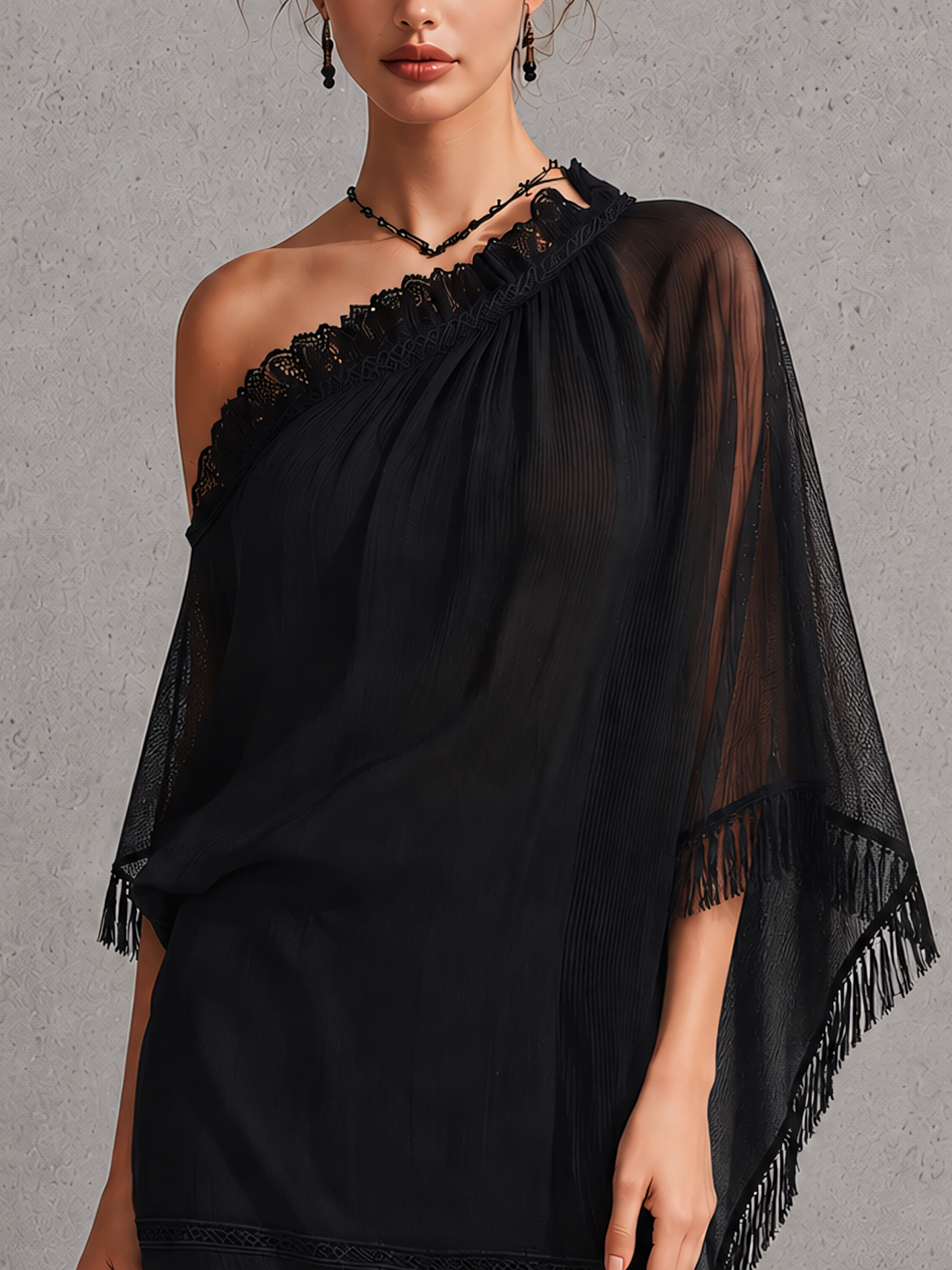 Black One Shoulder Textured Chiffon Mini Dress With Lace Trim And Tassel Hem