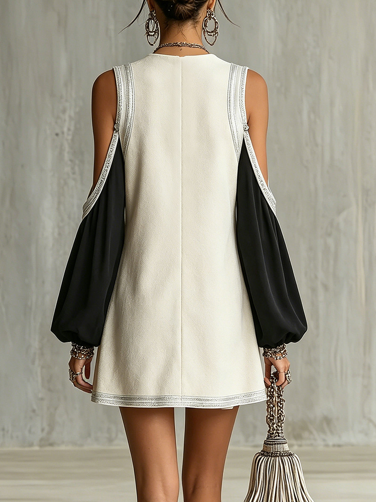 Ivory And Black Contrast Mini Dress With Cutout Shoulders