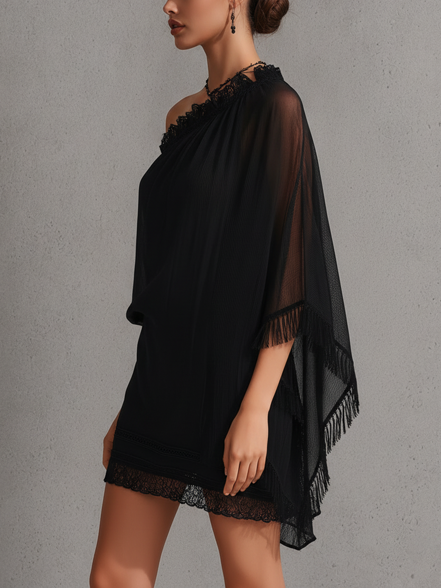 Black One Shoulder Textured Chiffon Mini Dress With Lace Trim And Tassel Hem