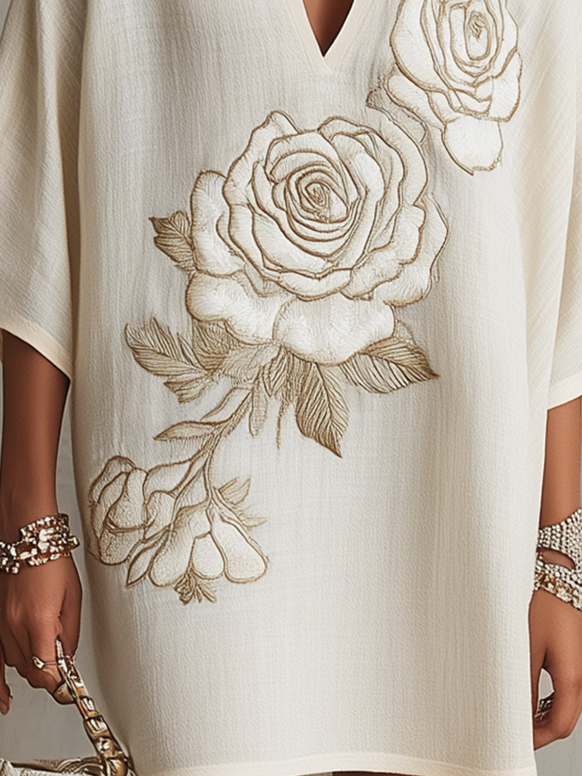 Ivory Mini Dress With Embroidered Floral Detail