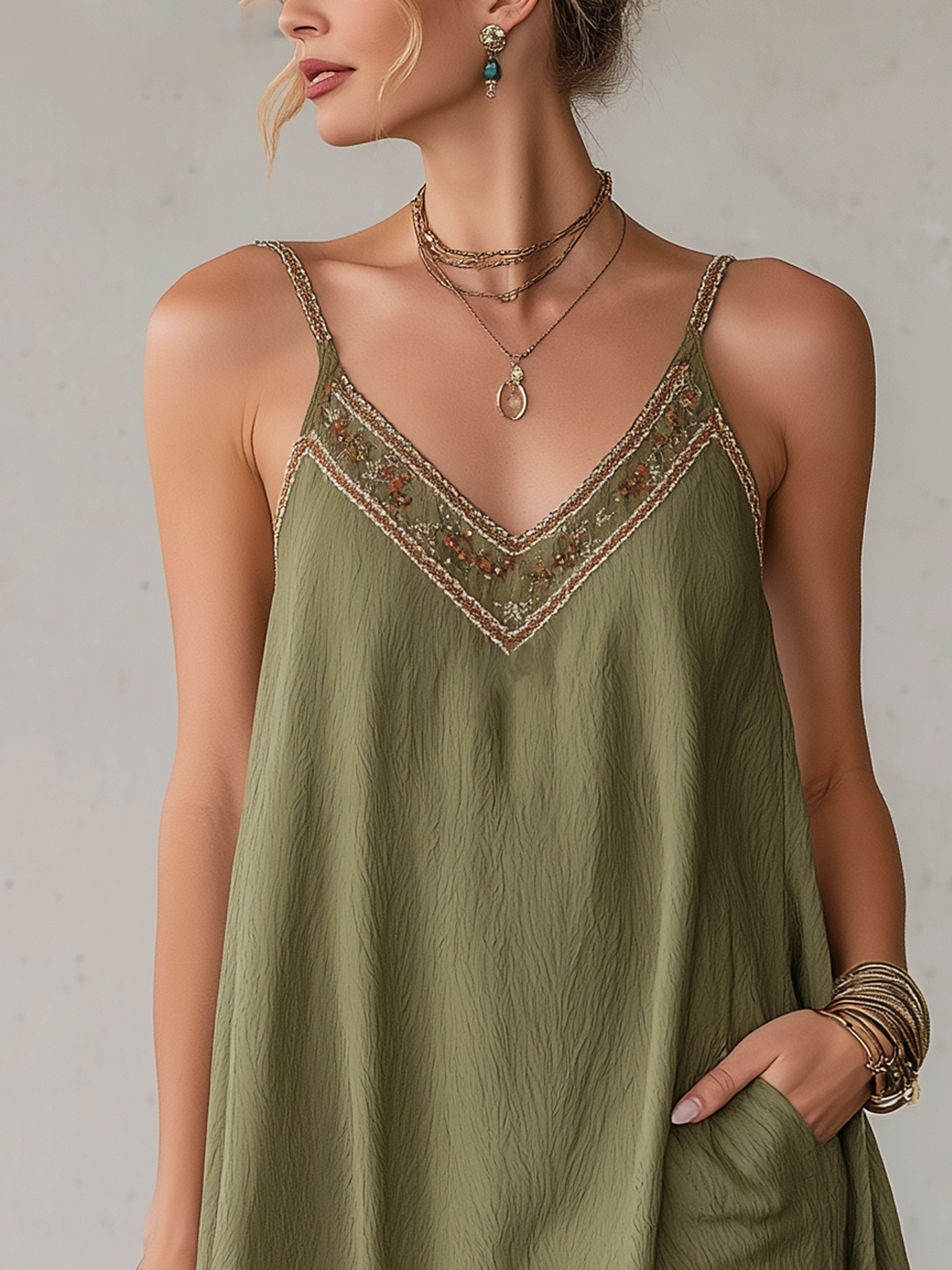 Olive Green Textured Embroidered Trim Mini Dress With Strap Detailing