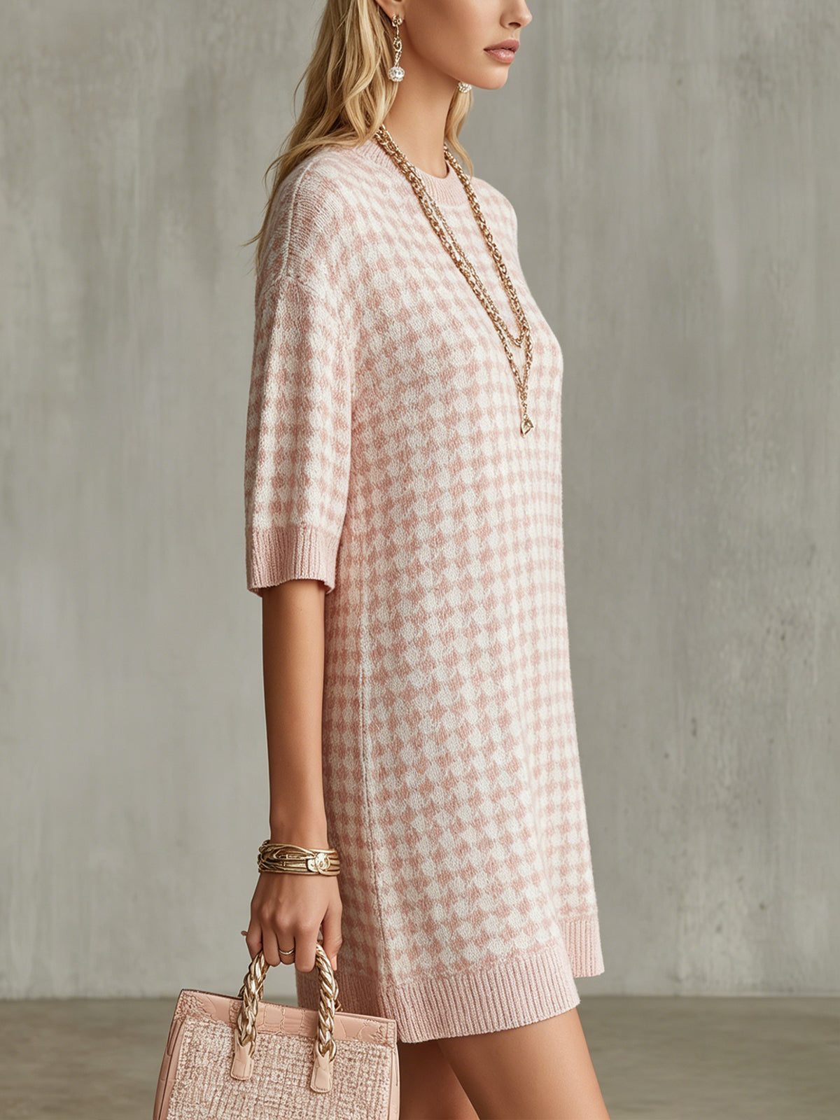 Pink Houndstooth Knit Mini Dress With Half Sleeves