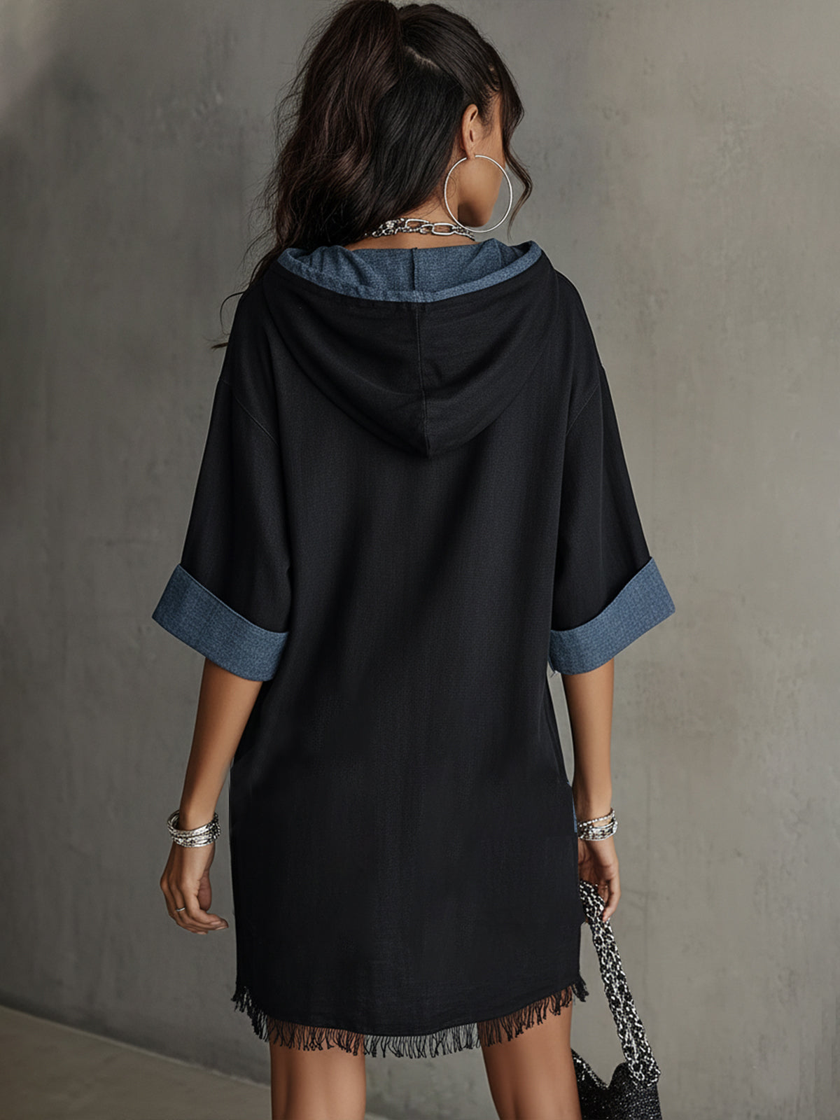 Black Contrast Hooded Fringe Hem Mini Dress