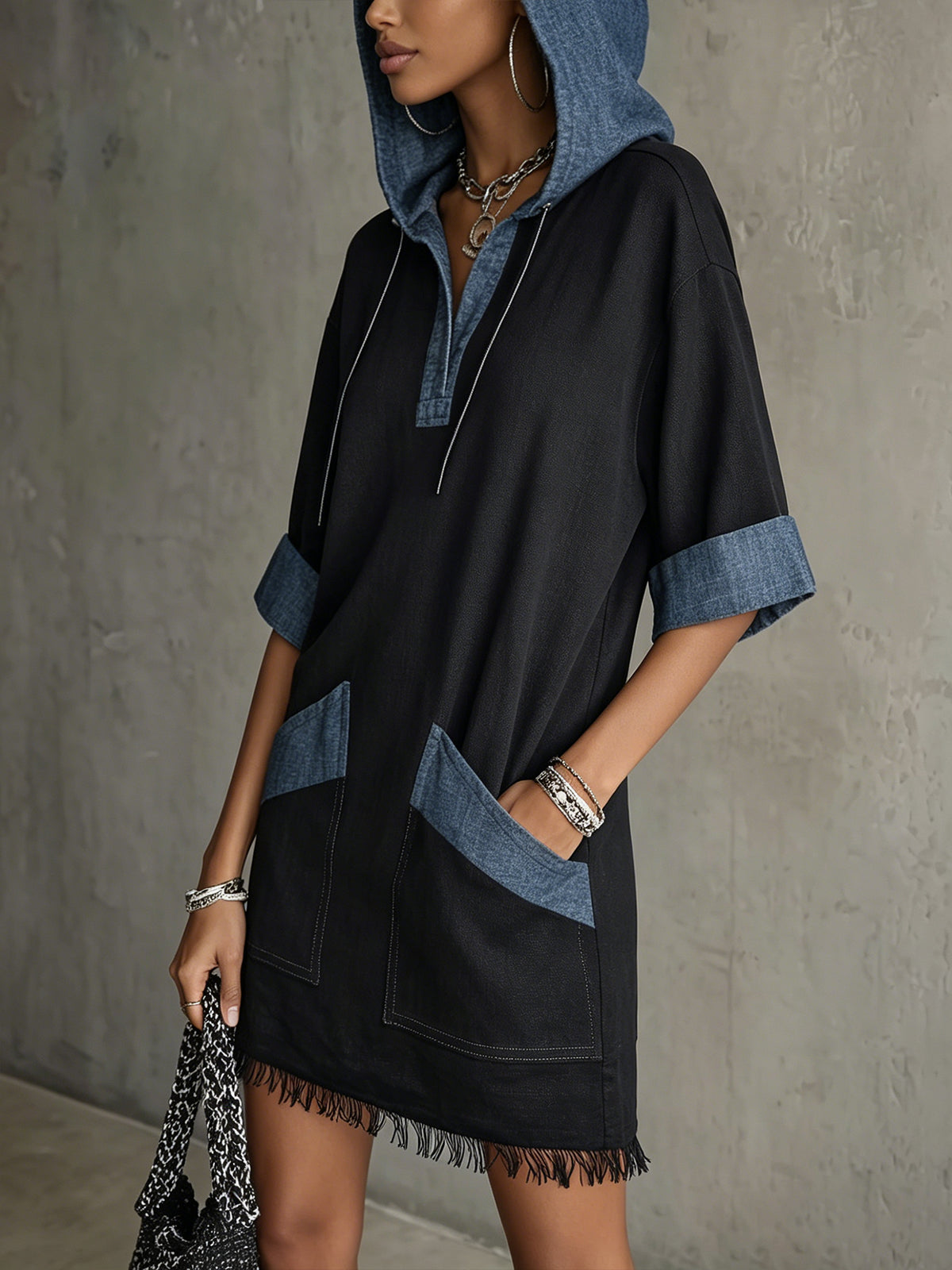 Black Contrast Hooded Fringe Hem Mini Dress
