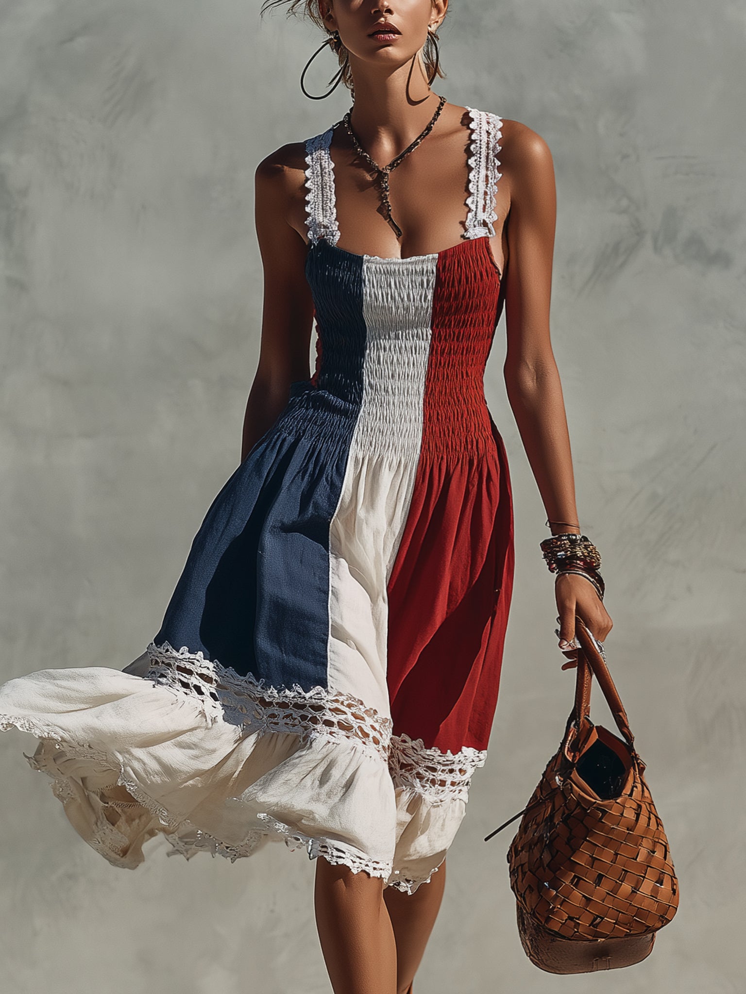 Multicolor Color Block Linen Midi Dress