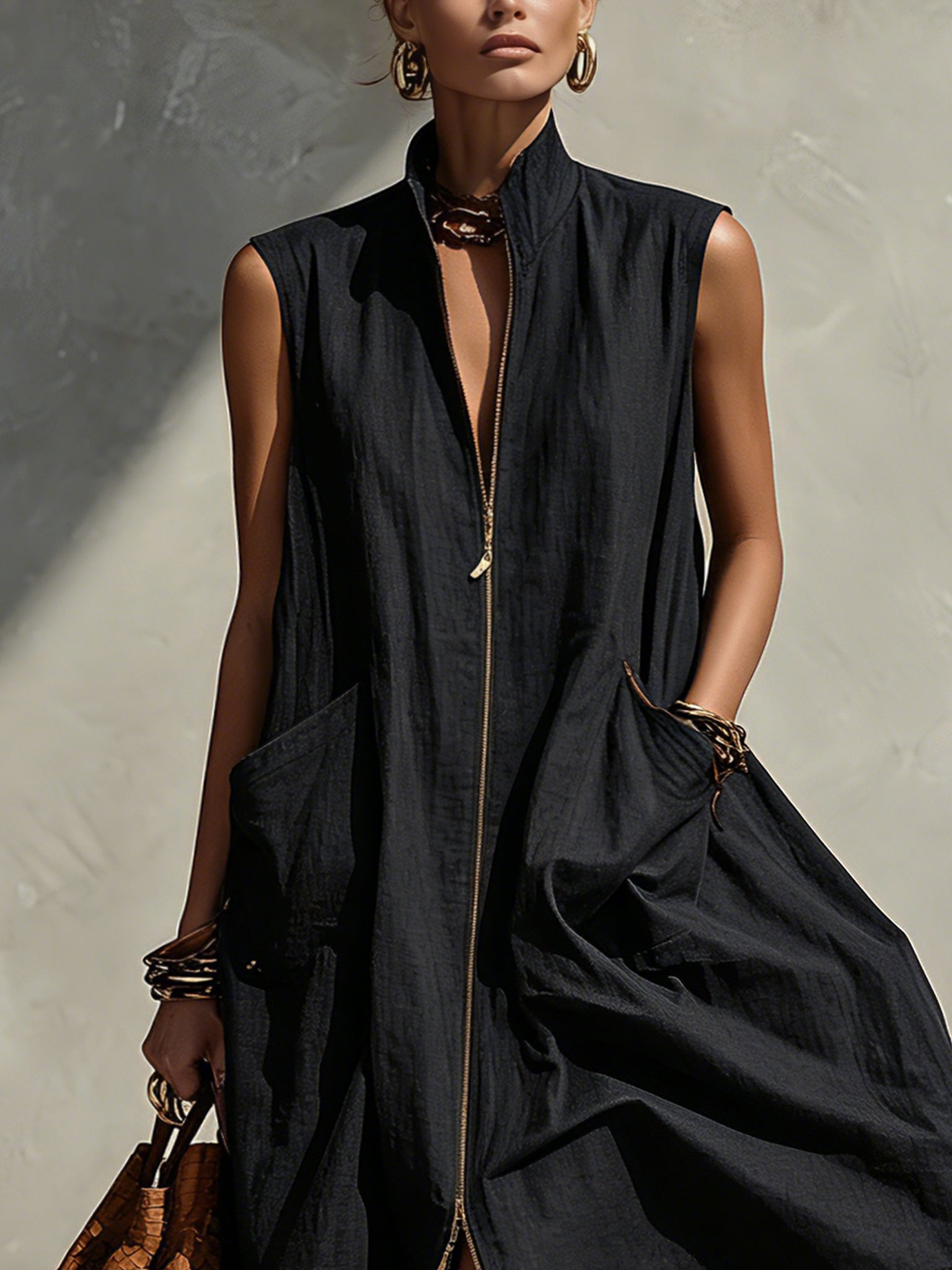 Black Zipper Sleeveless  Linen Blend Midi Dress