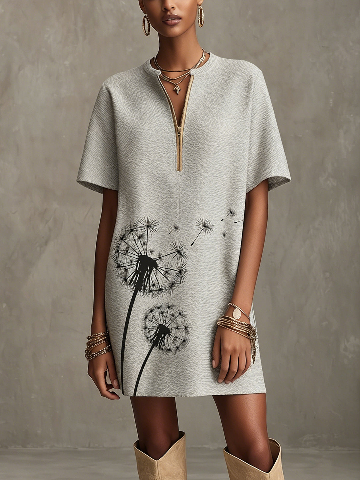 Gray Textured Short Sleeve Mini Dress with Dandelion Print and Zip Front