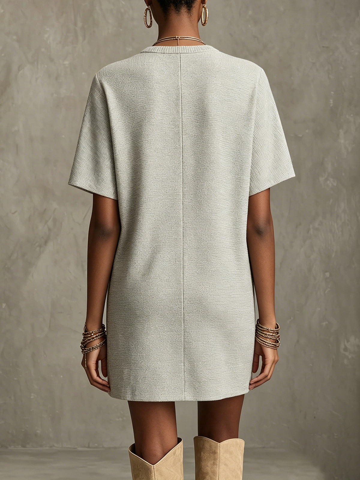 Gray Textured Short Sleeve Mini Dress with Dandelion Print and Zip Front