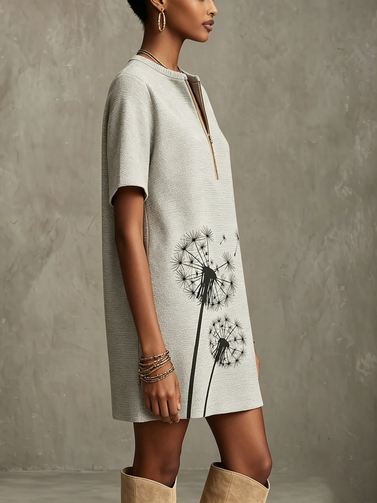 Gray Textured Short Sleeve Mini Dress with Dandelion Print and Zip Front