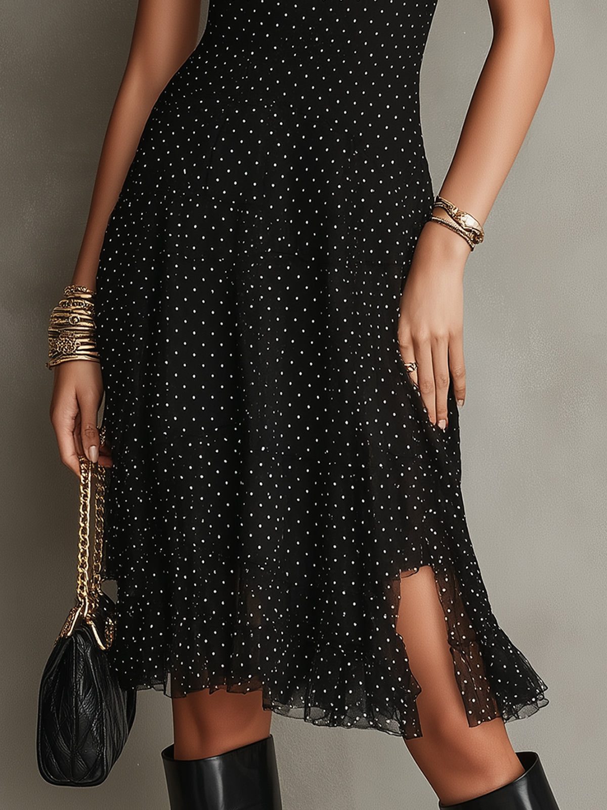 Black Polka Dot Square Neck Midi Dress