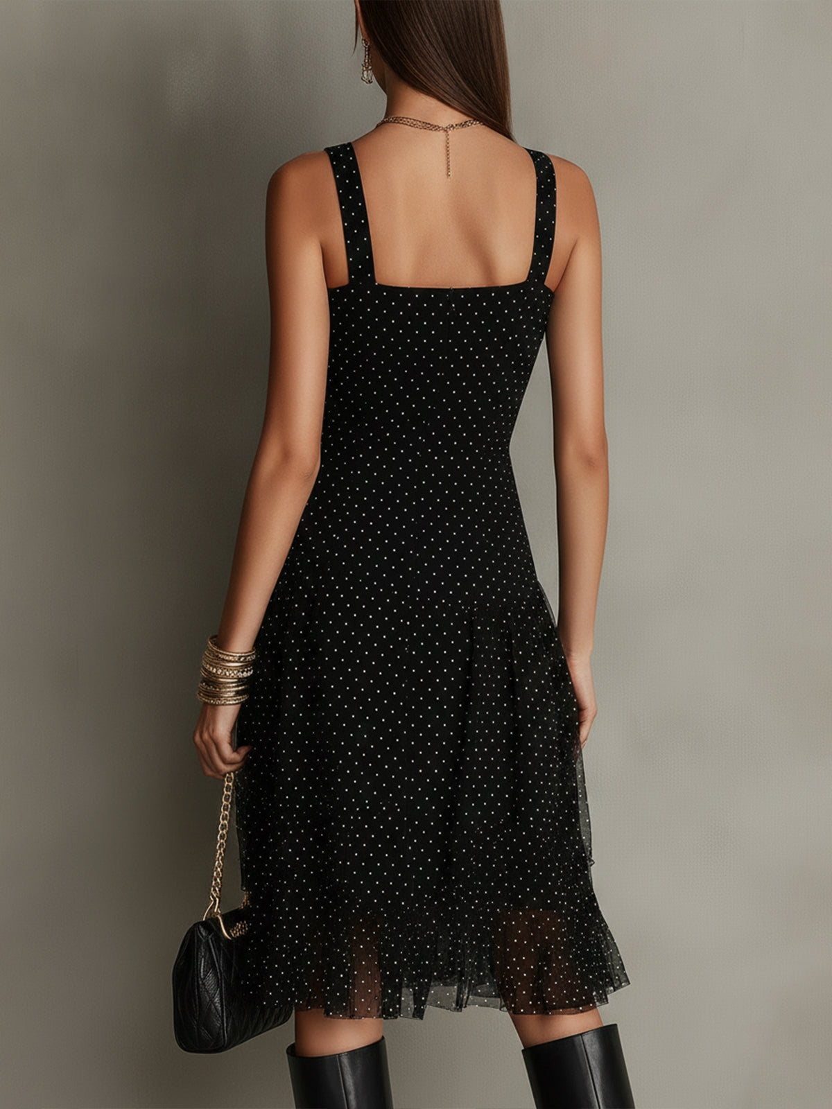 Black Polka Dot Square Neck Midi Dress