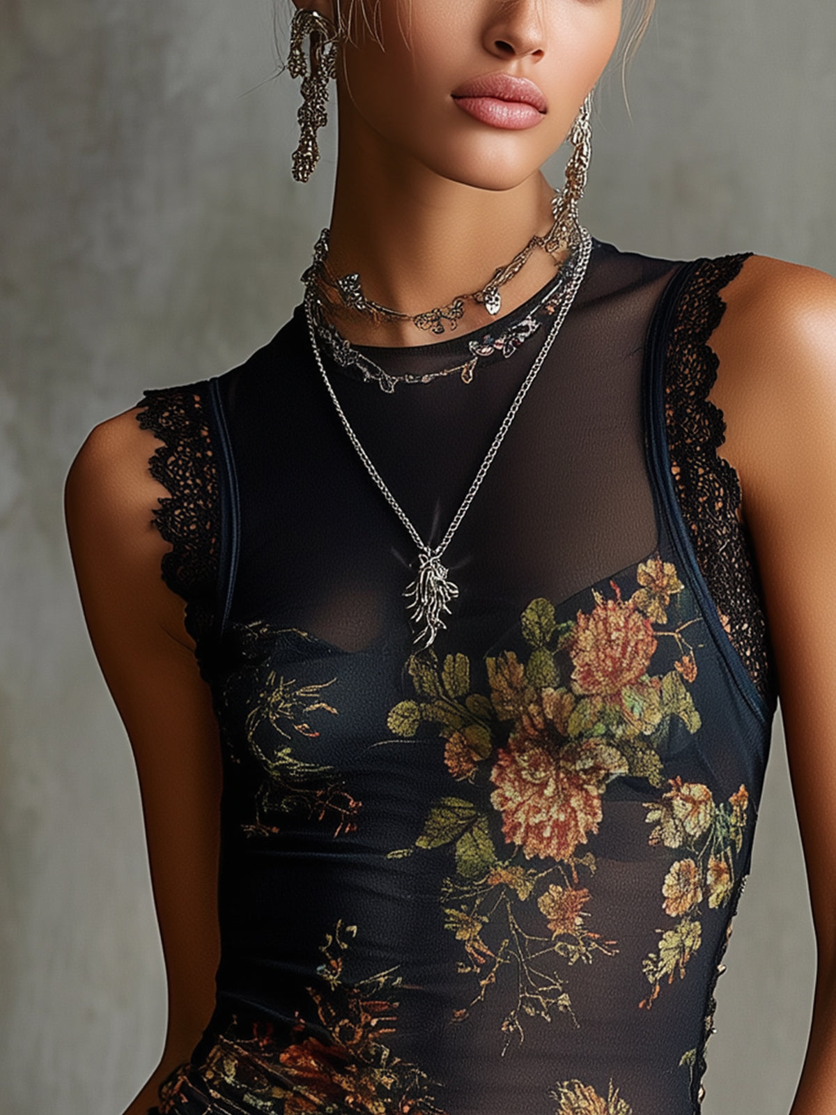 Black Sheer Floral Lace Trim Mesh T-shirt