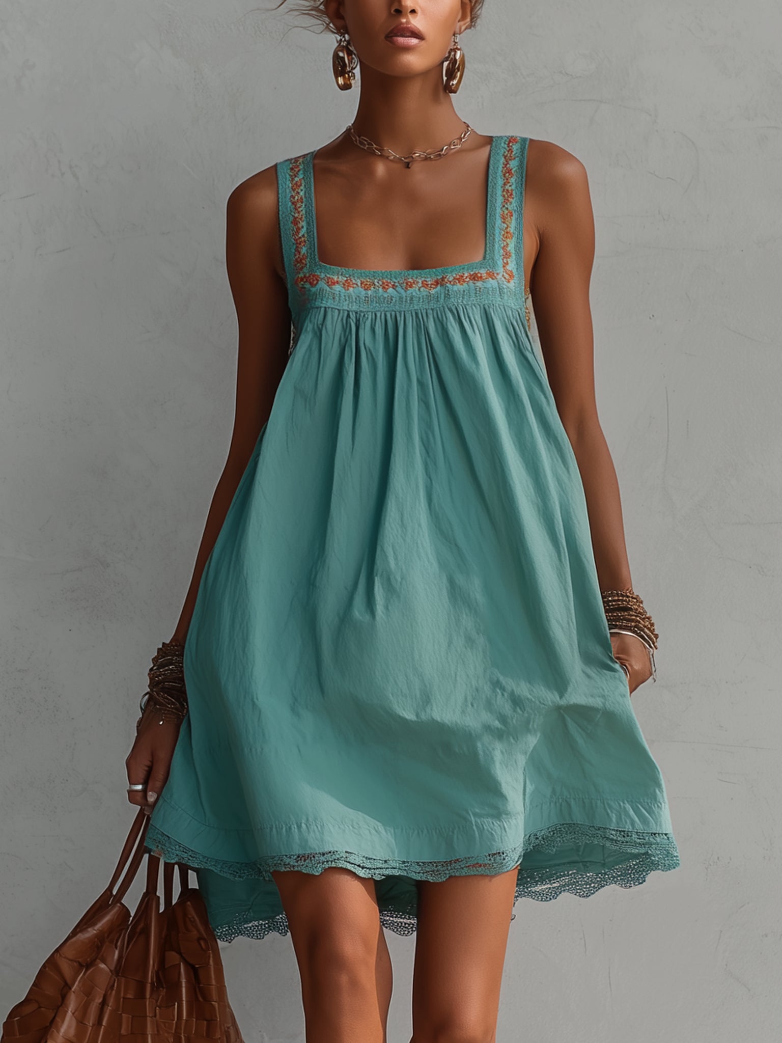 Aqua Cotton Embroidered Mini Dress