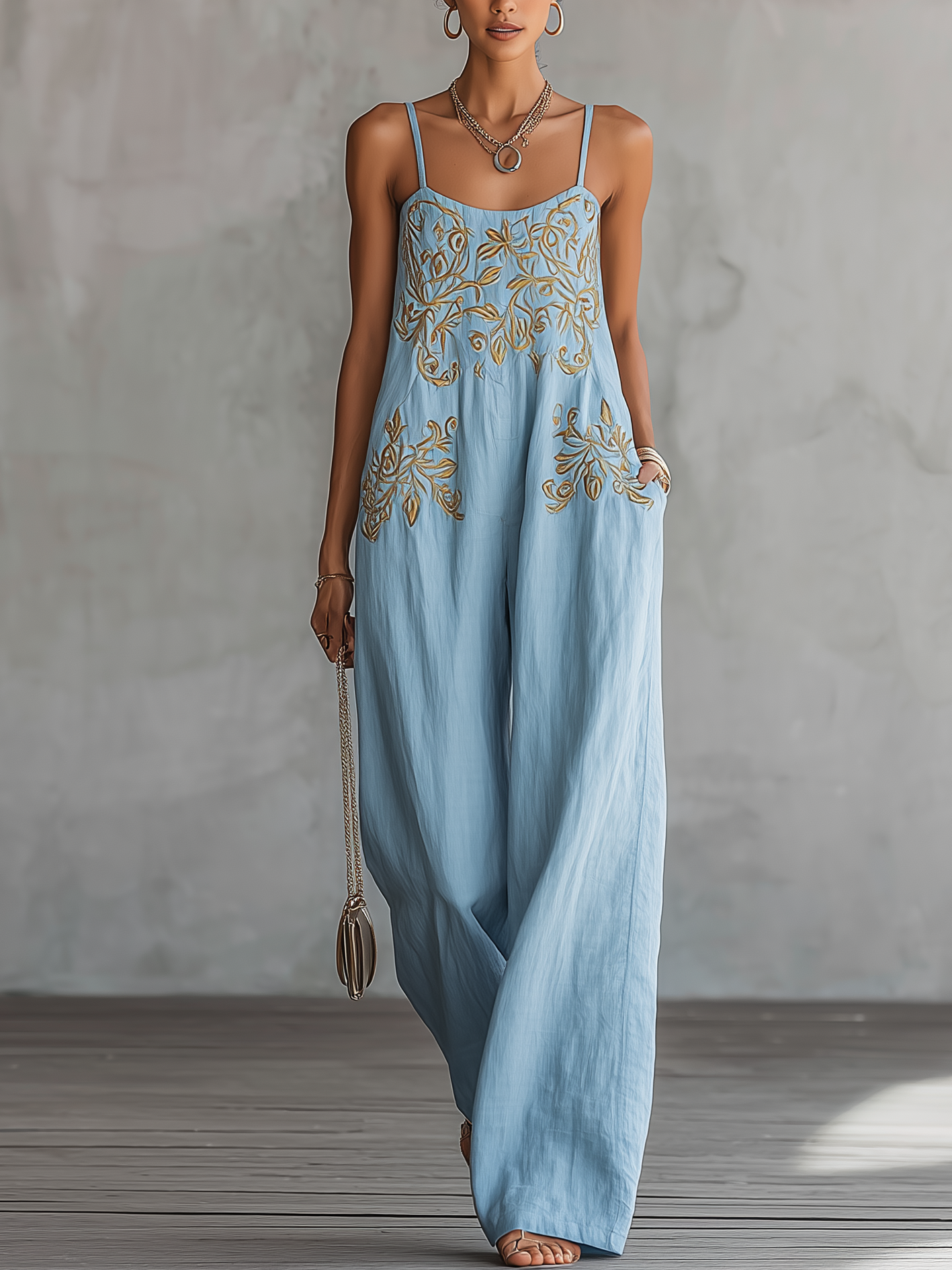Light Blue Cotton Linen Vintage Embroidered Sleeveless Jumpsuit