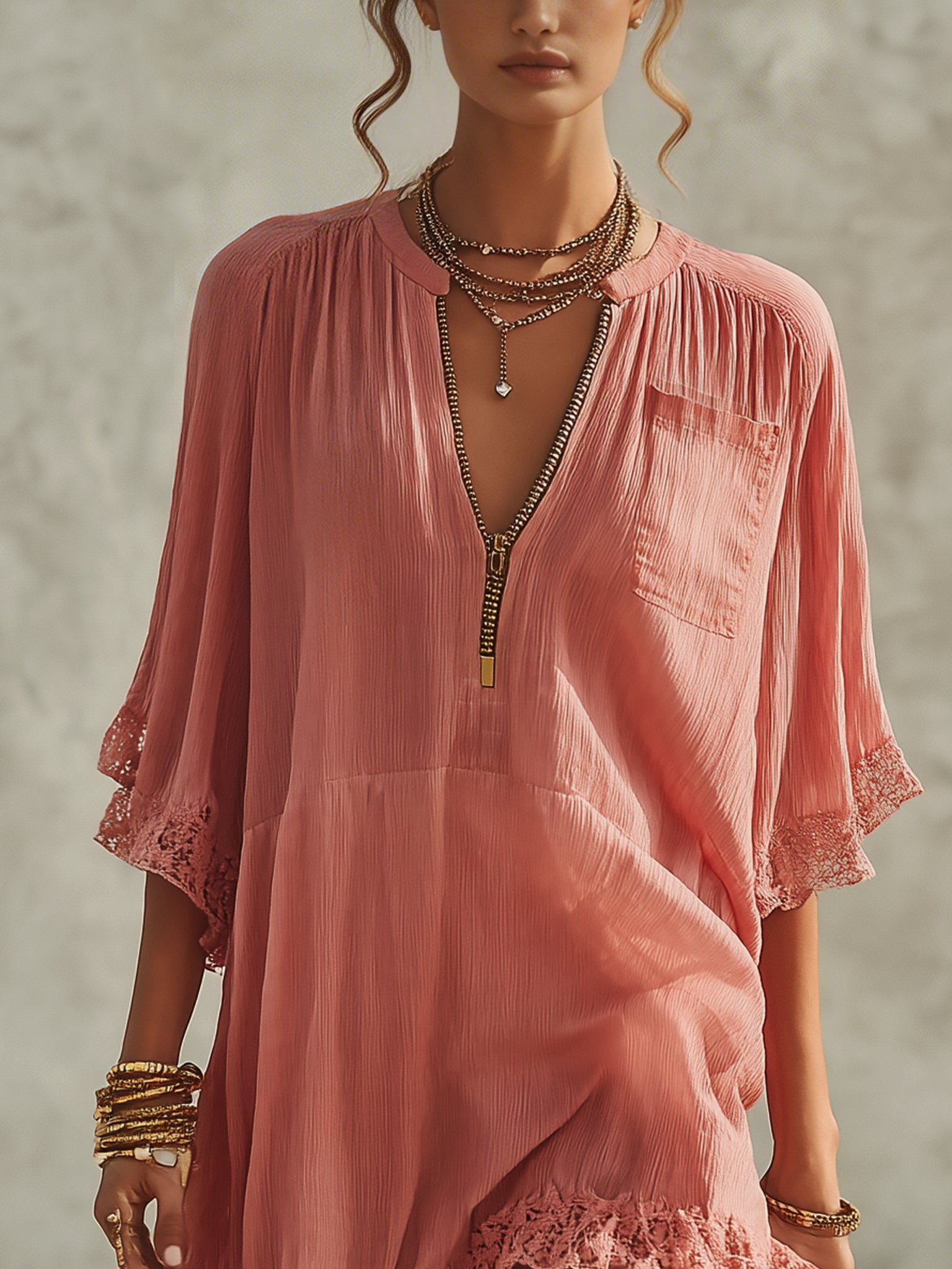 Pink Chiffon Ruffled Zip Mini Dress