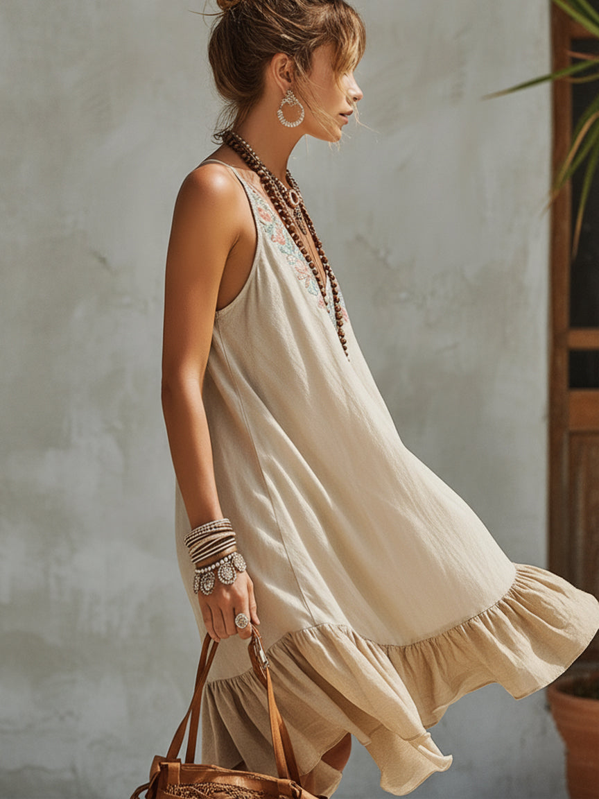 Beige Cotton Linen Embroidered Mini Dress