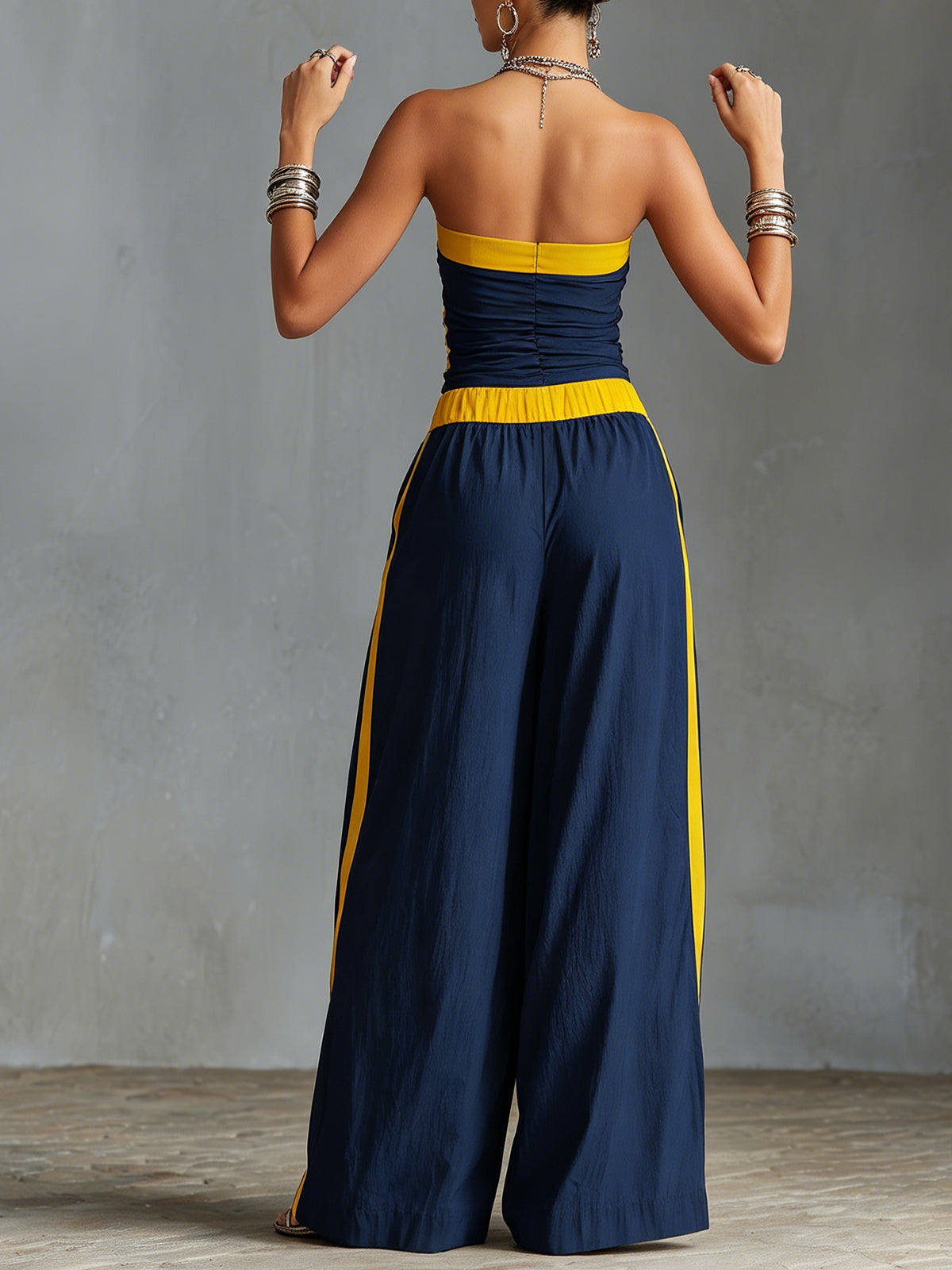 Navy Blue Strapless Ruched Wide-Leg Jumpsuit With Yellow Contrast Trim
