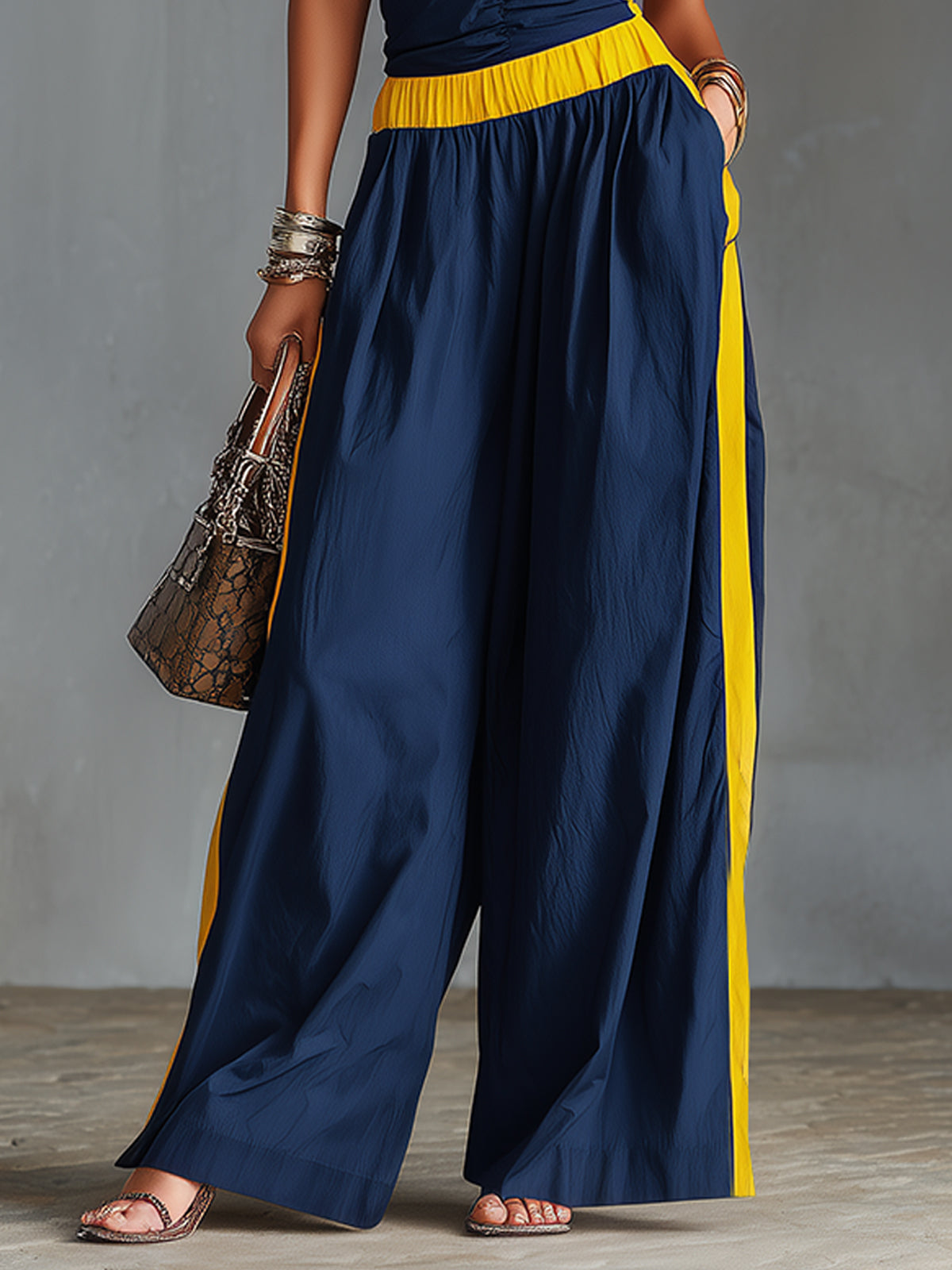 Navy Blue Strapless Ruched Wide-Leg Jumpsuit With Yellow Contrast Trim