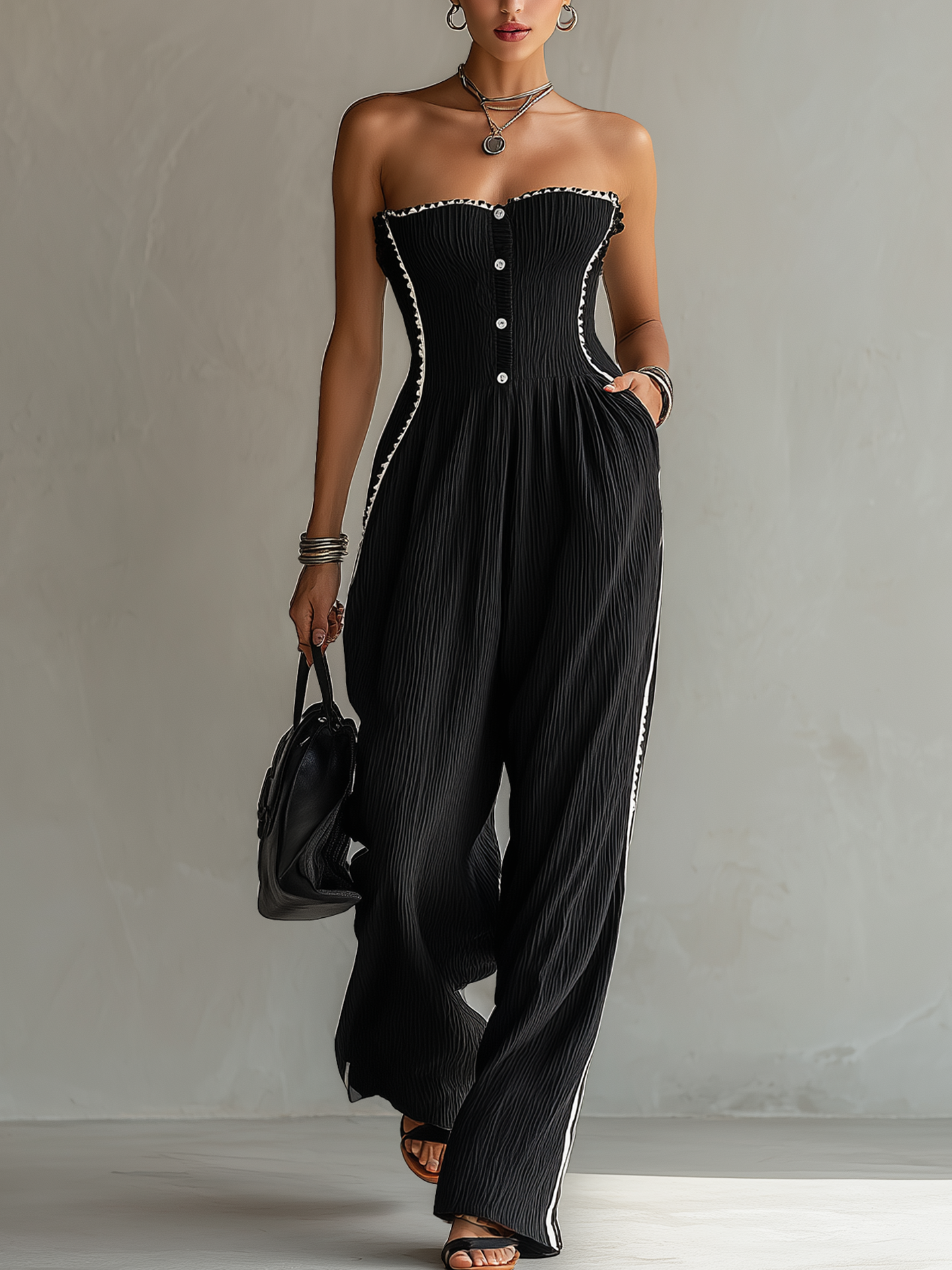 Textured Black Off Shoulder Jumpsuit With Ribbon Trim