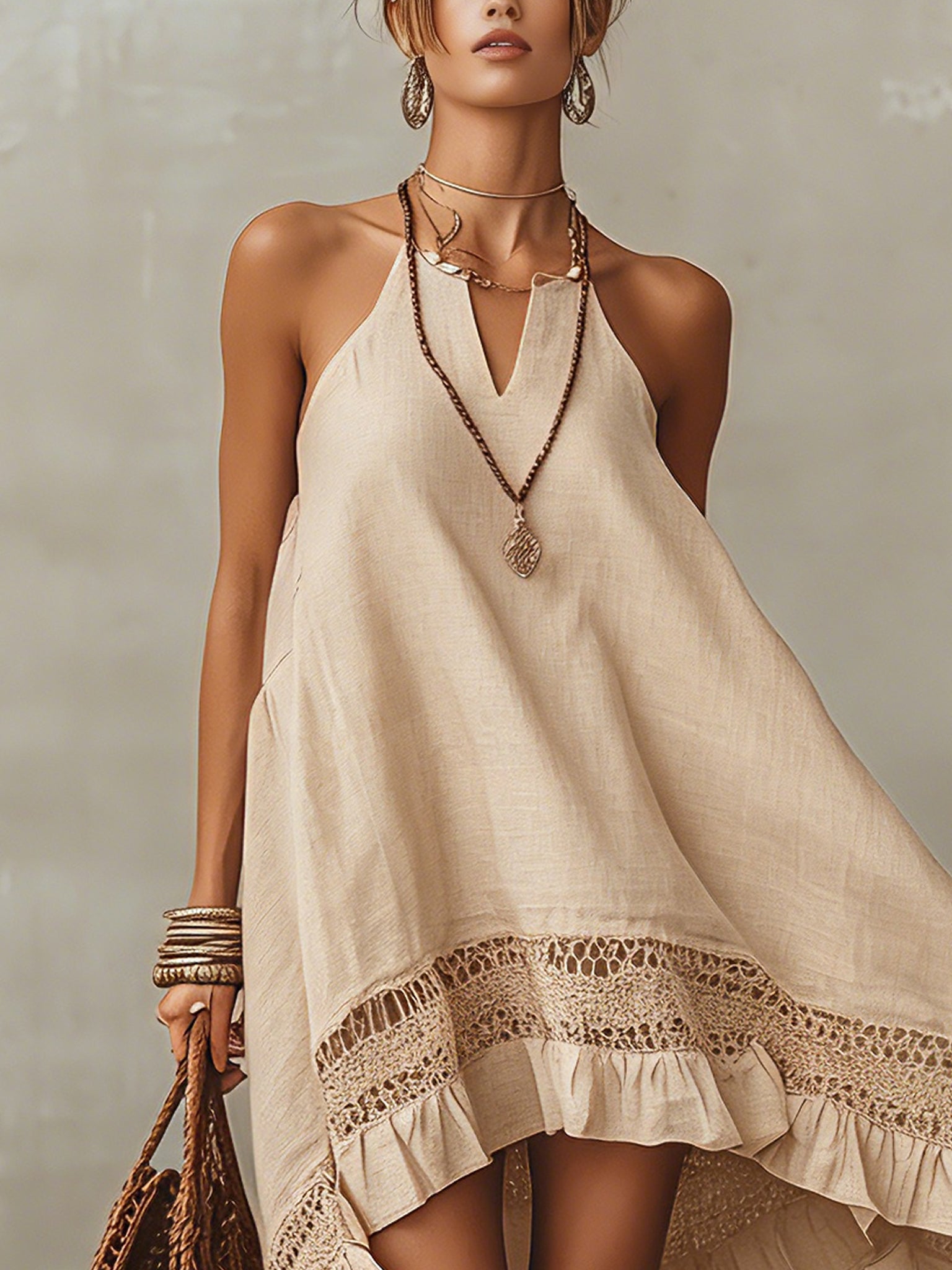 Beige Tie Strap Linen Mini Dress