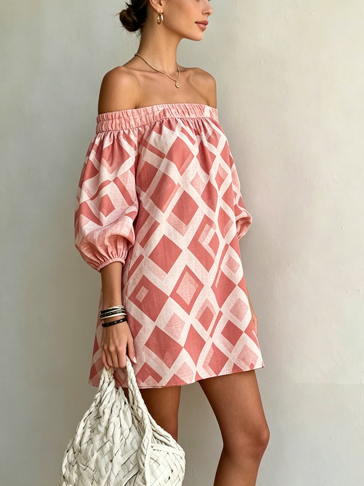 Pink Off-Shoulder Mini Dress With Balloon Sleeves