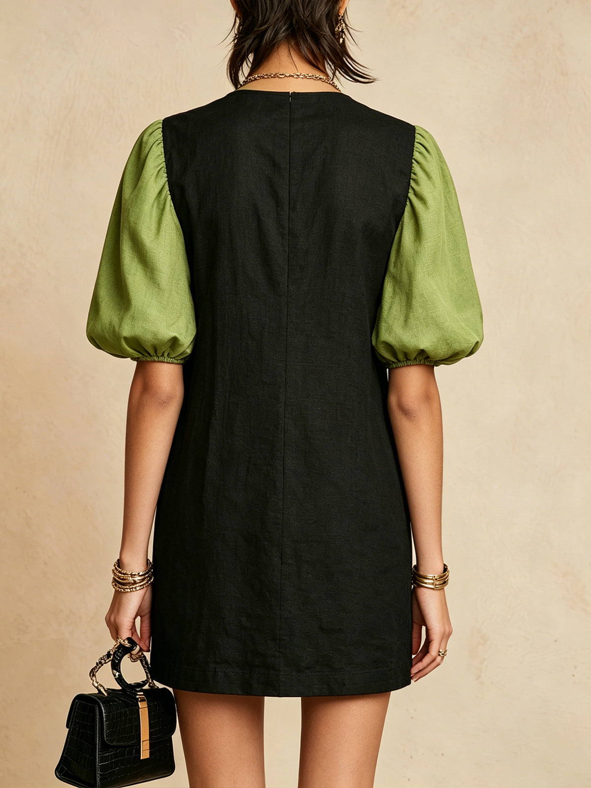 Black And Green Puff Sleeve Mini Dress With Floral Embroidery