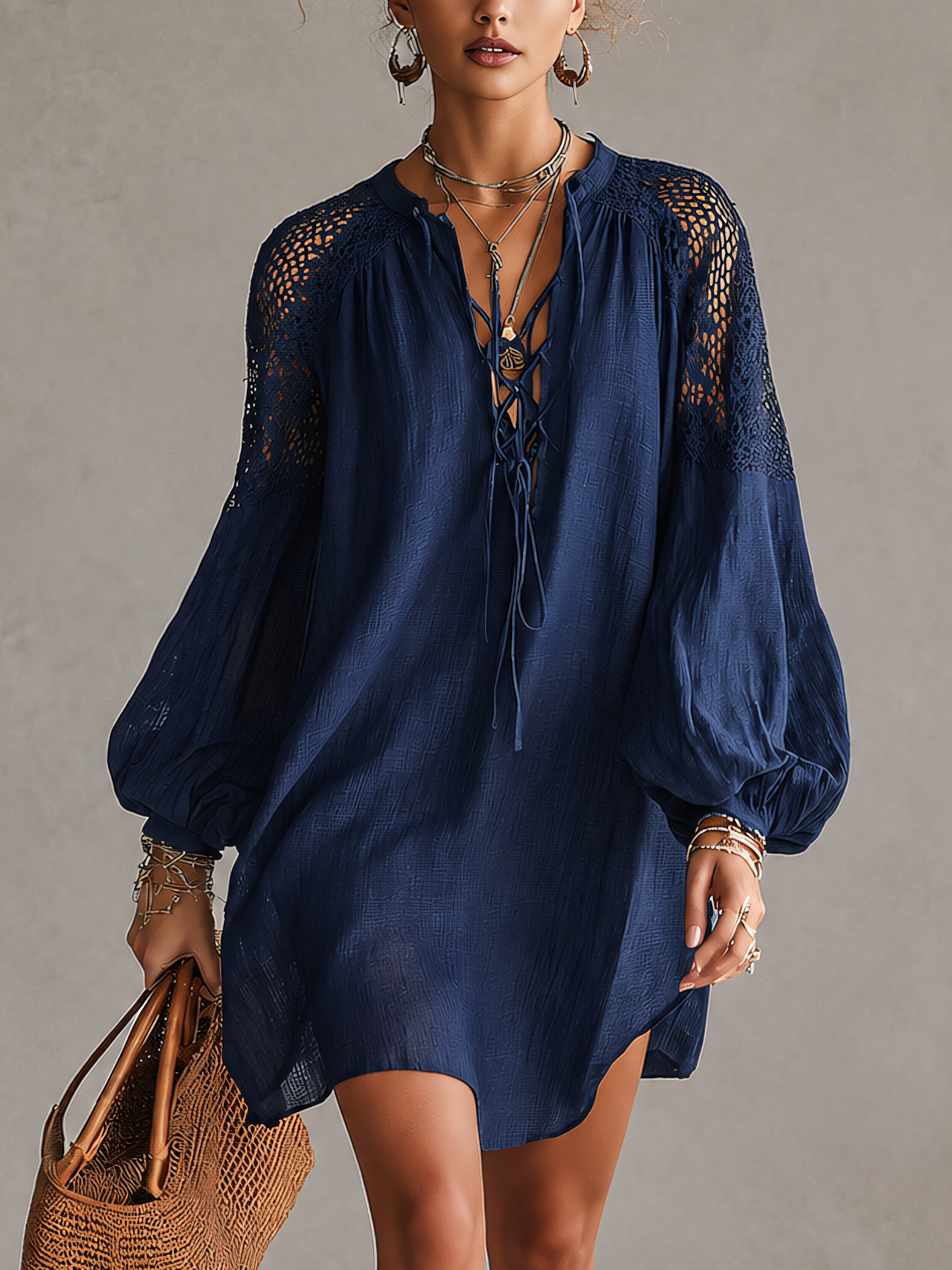 Navy Blue Crochet Shoulder Cotton Linen Mini Dress