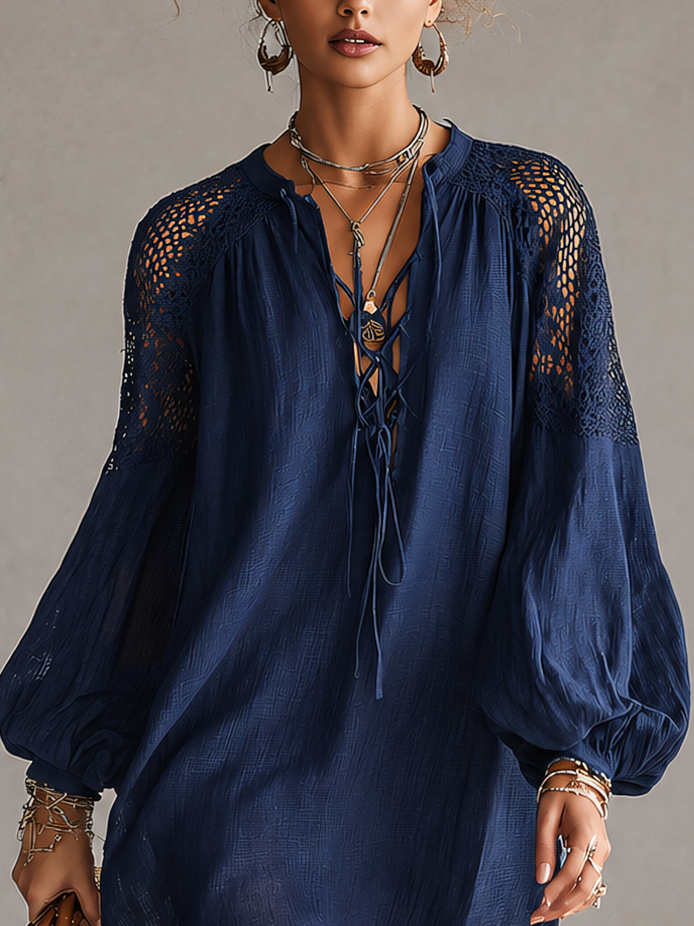 Navy Blue Crochet Shoulder Cotton Linen Mini Dress