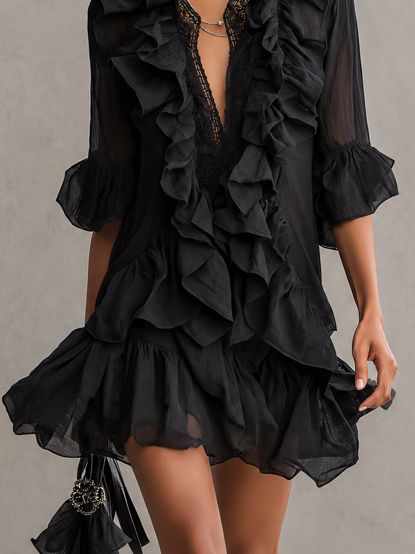 Black Ruffled Chiffon Lace Mini Dress