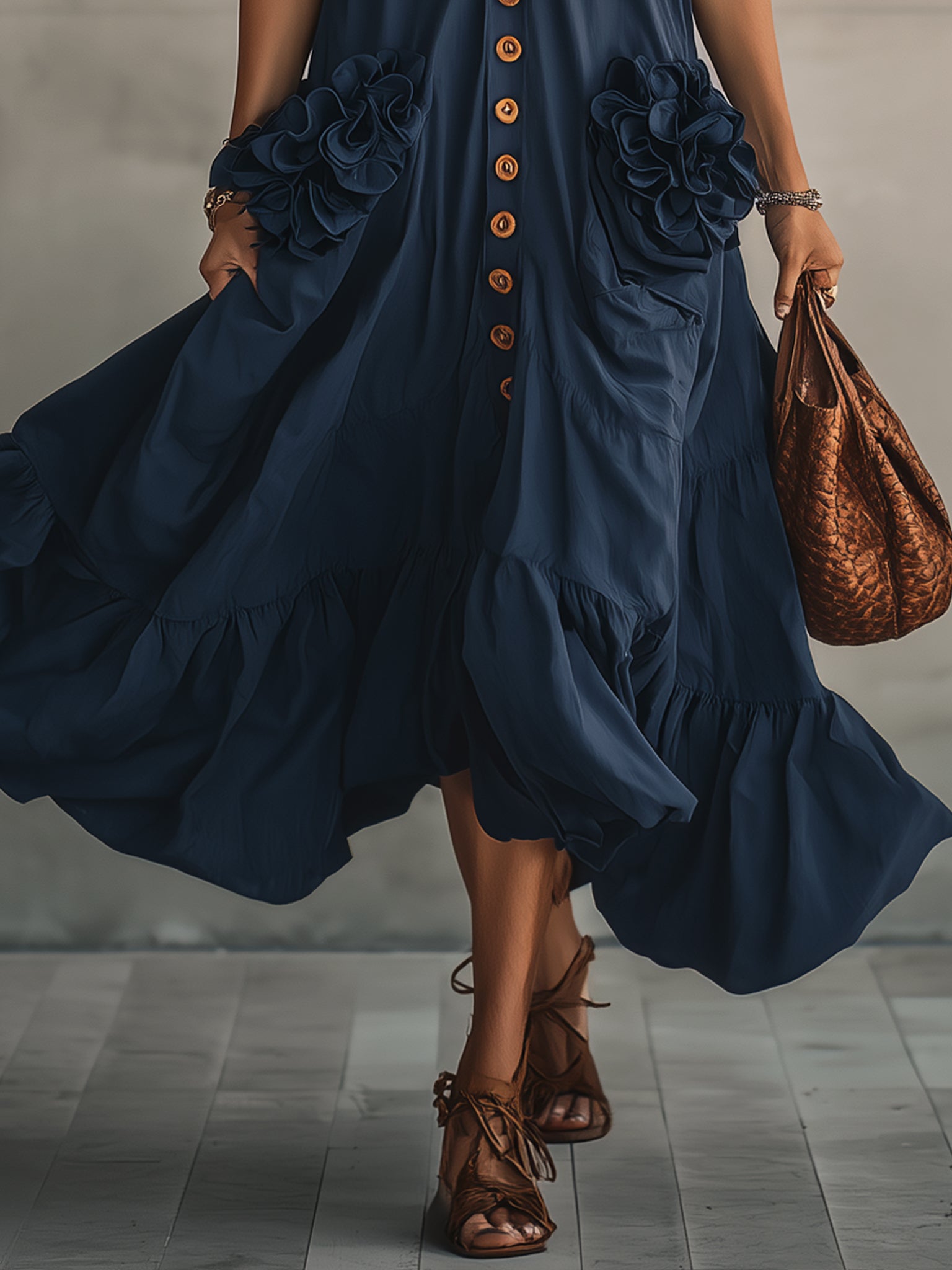 Navy Sleeveless Button Up Floral Maxi Dress