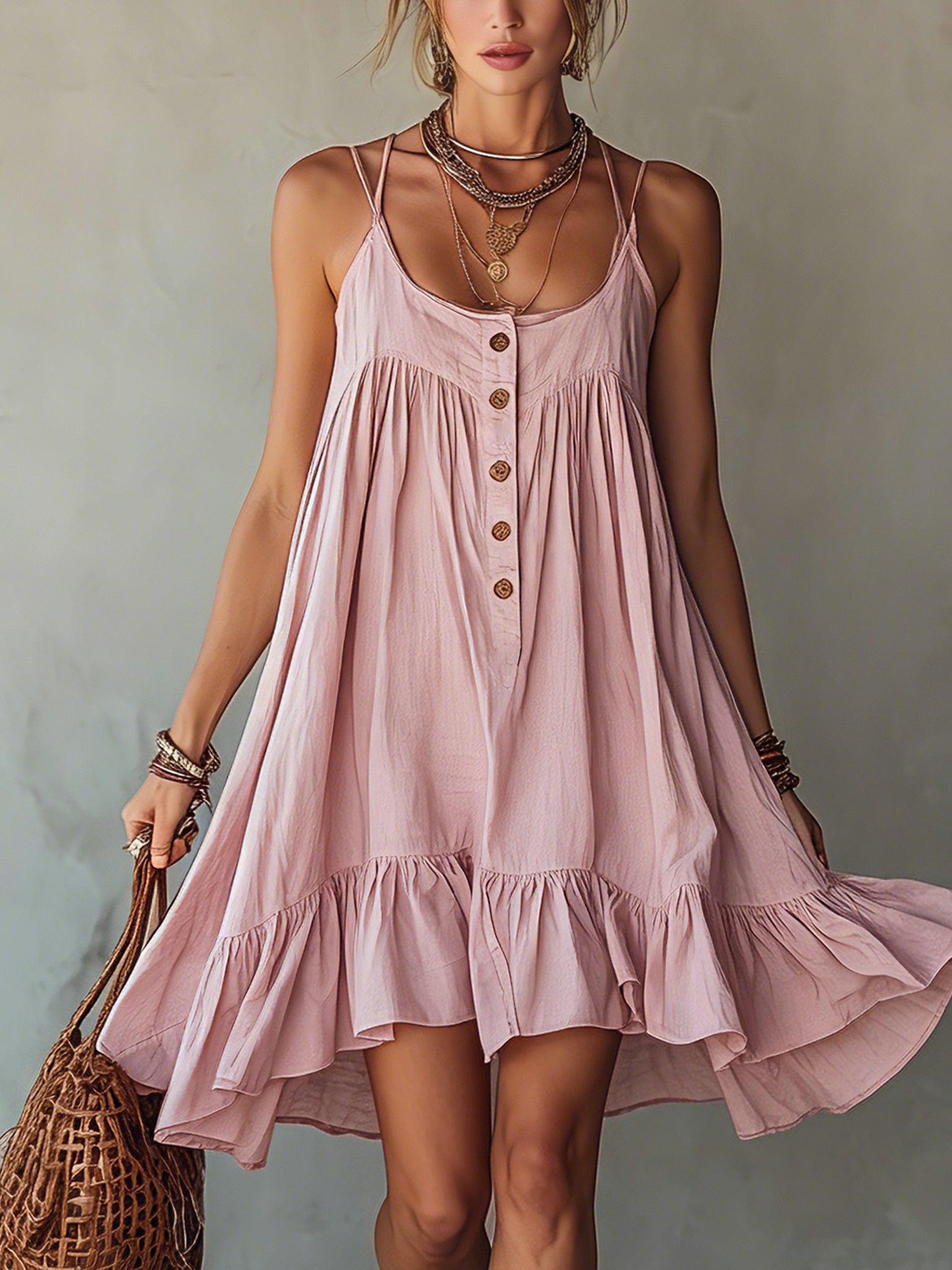 Pink Double Strap Cotton Linen Mini Dress
