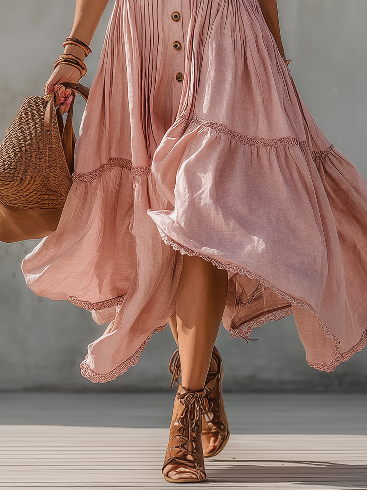 Pink Linen Blend Sleeveless Pleated Maxi Dress
