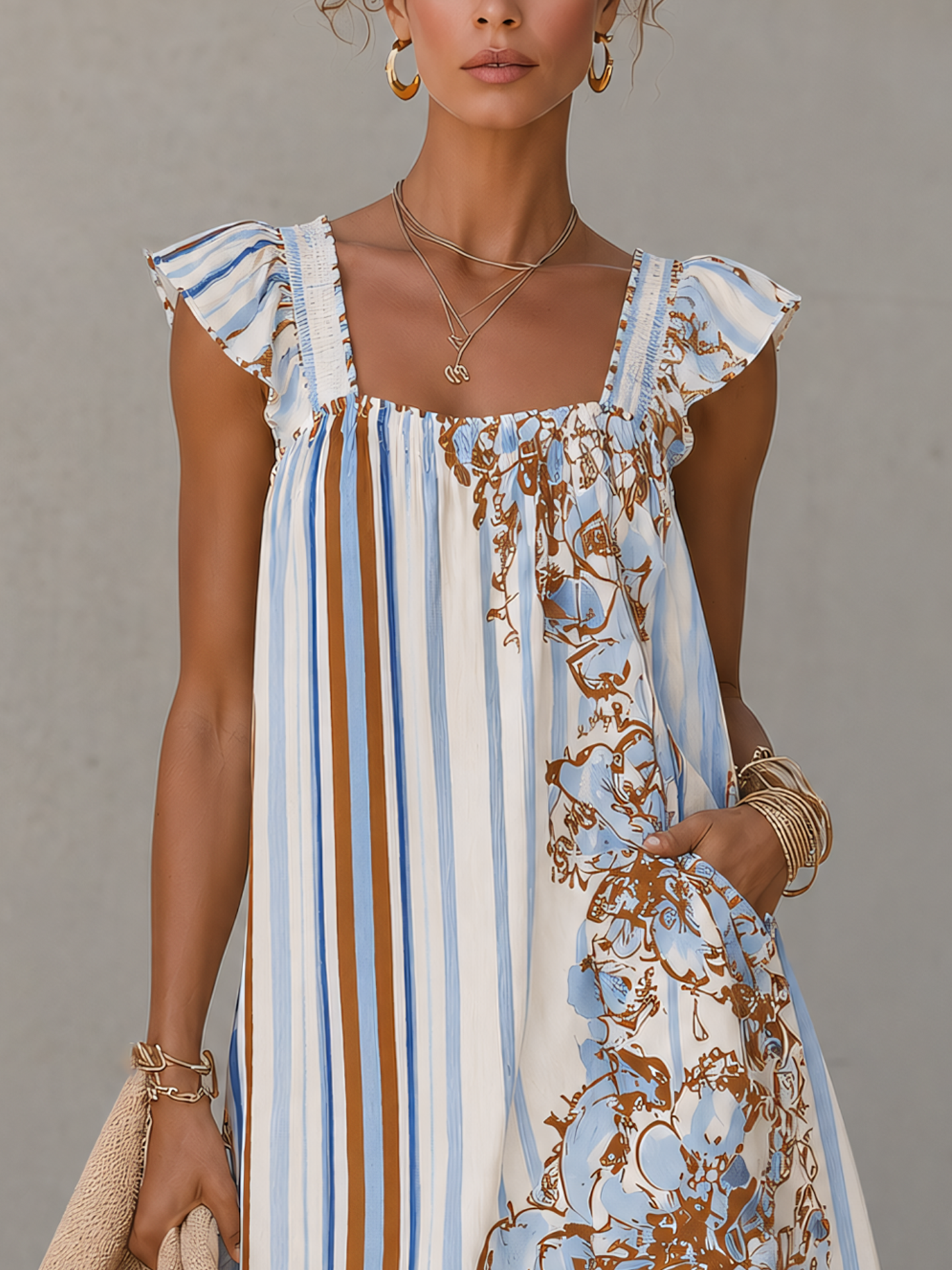 White Striped Floral Mini Dress With Ruffle Sleeves
