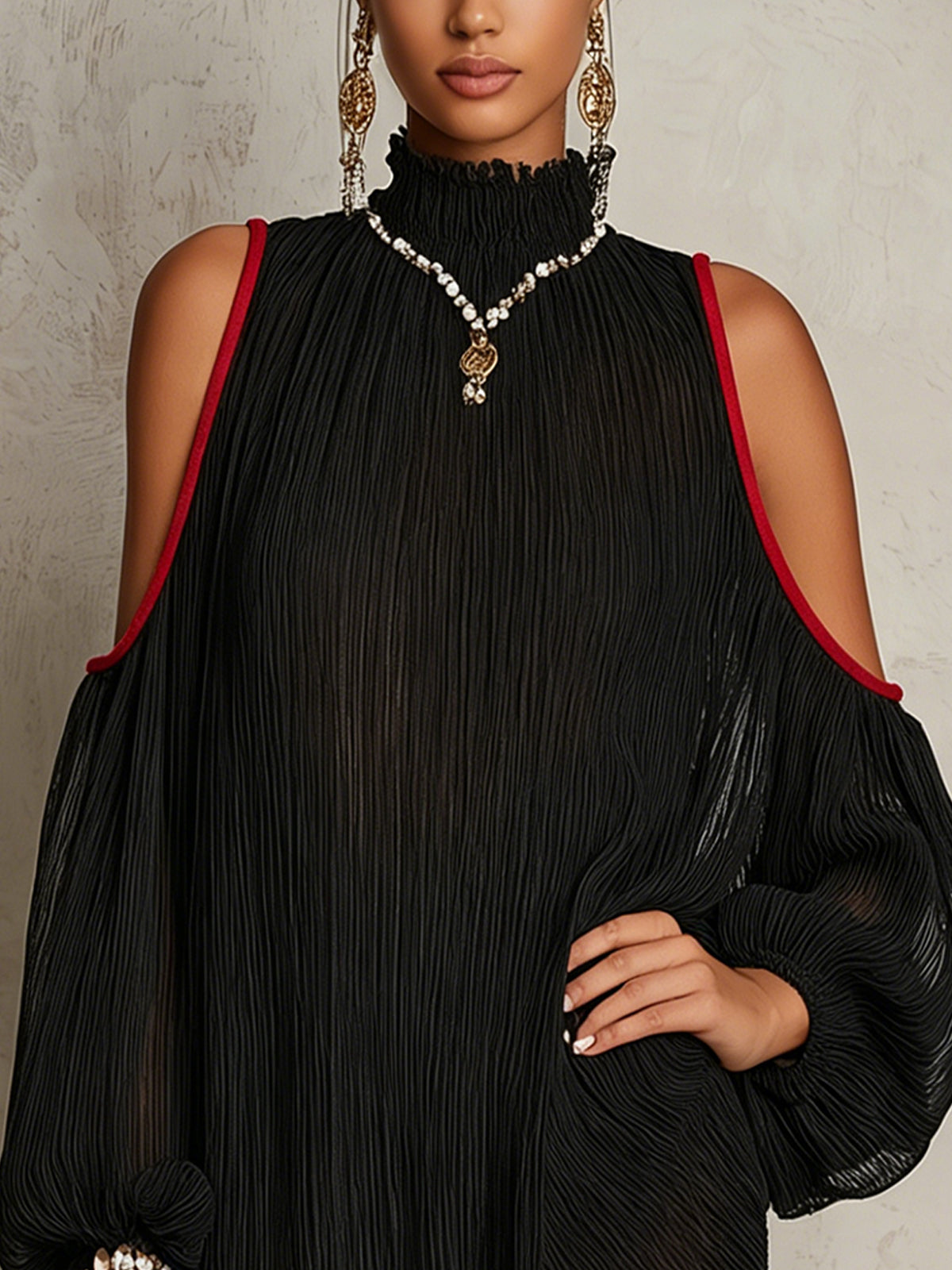 Black Pleated Cold-Shoulder Mini Dress With Red Trim