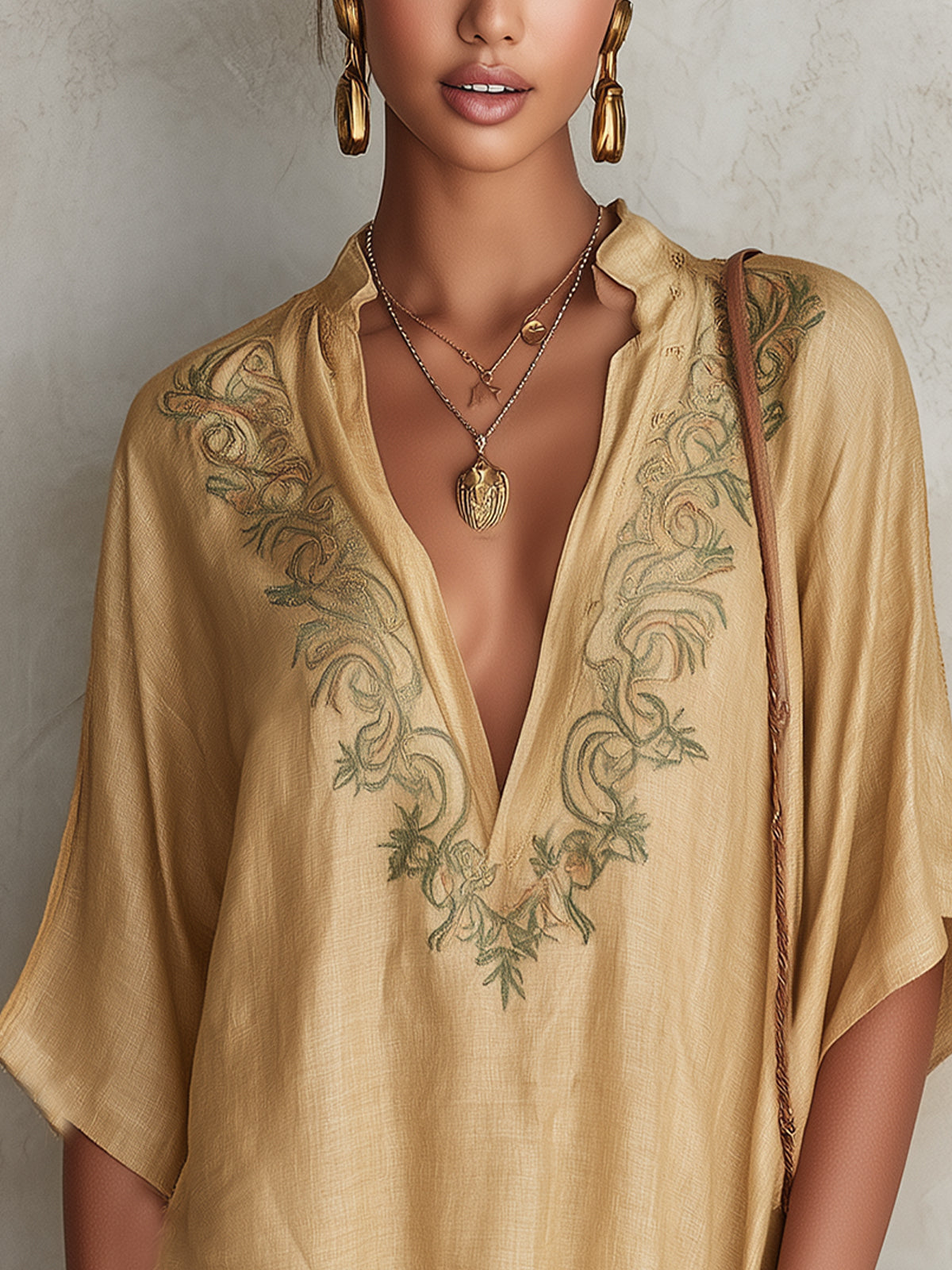 Beige Embroidered V-Neck Mini Dress With Fringe Hem