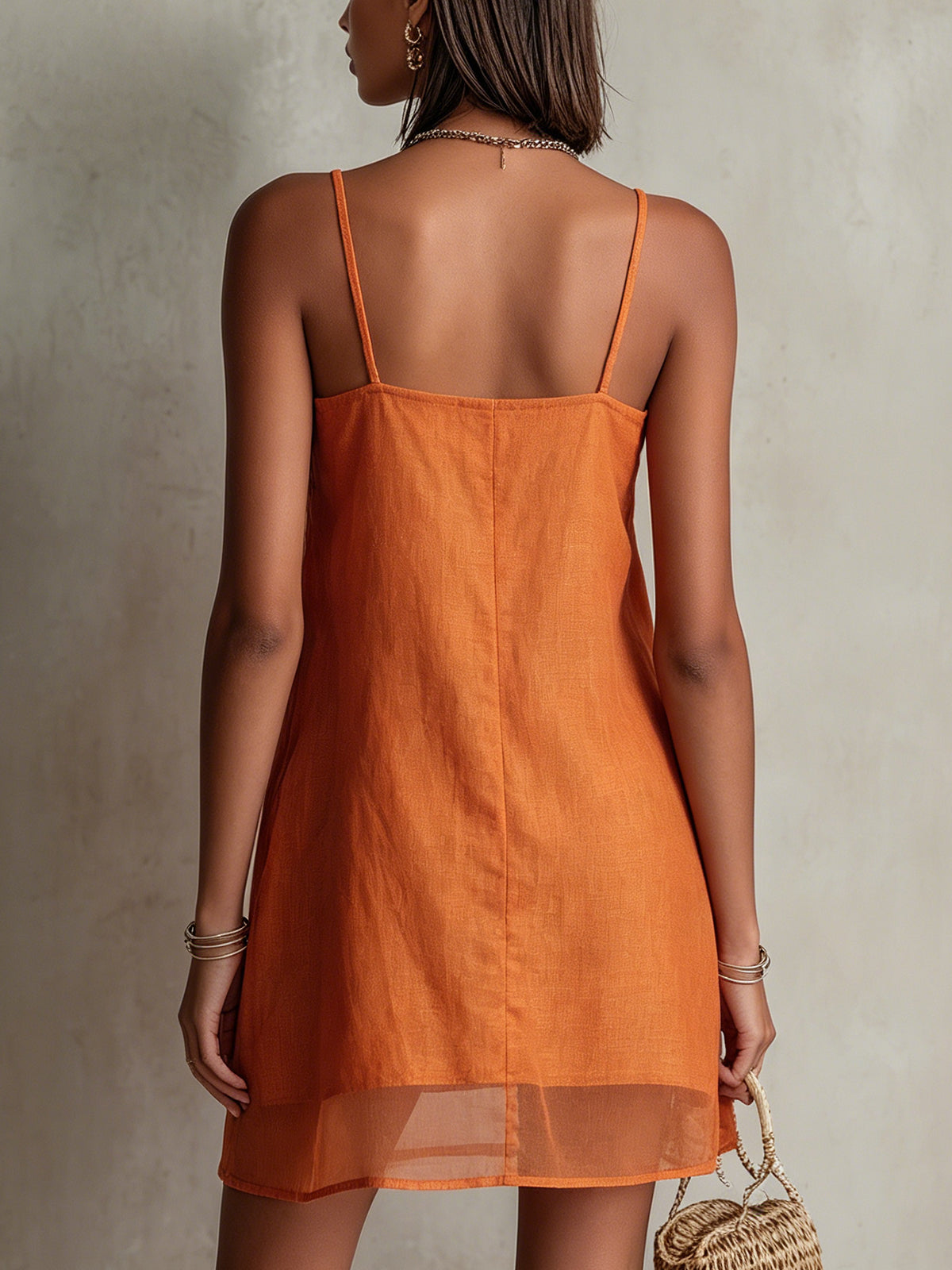 Orange Linen Mini Dress With Floral Embroidery And Spaghetti Straps
