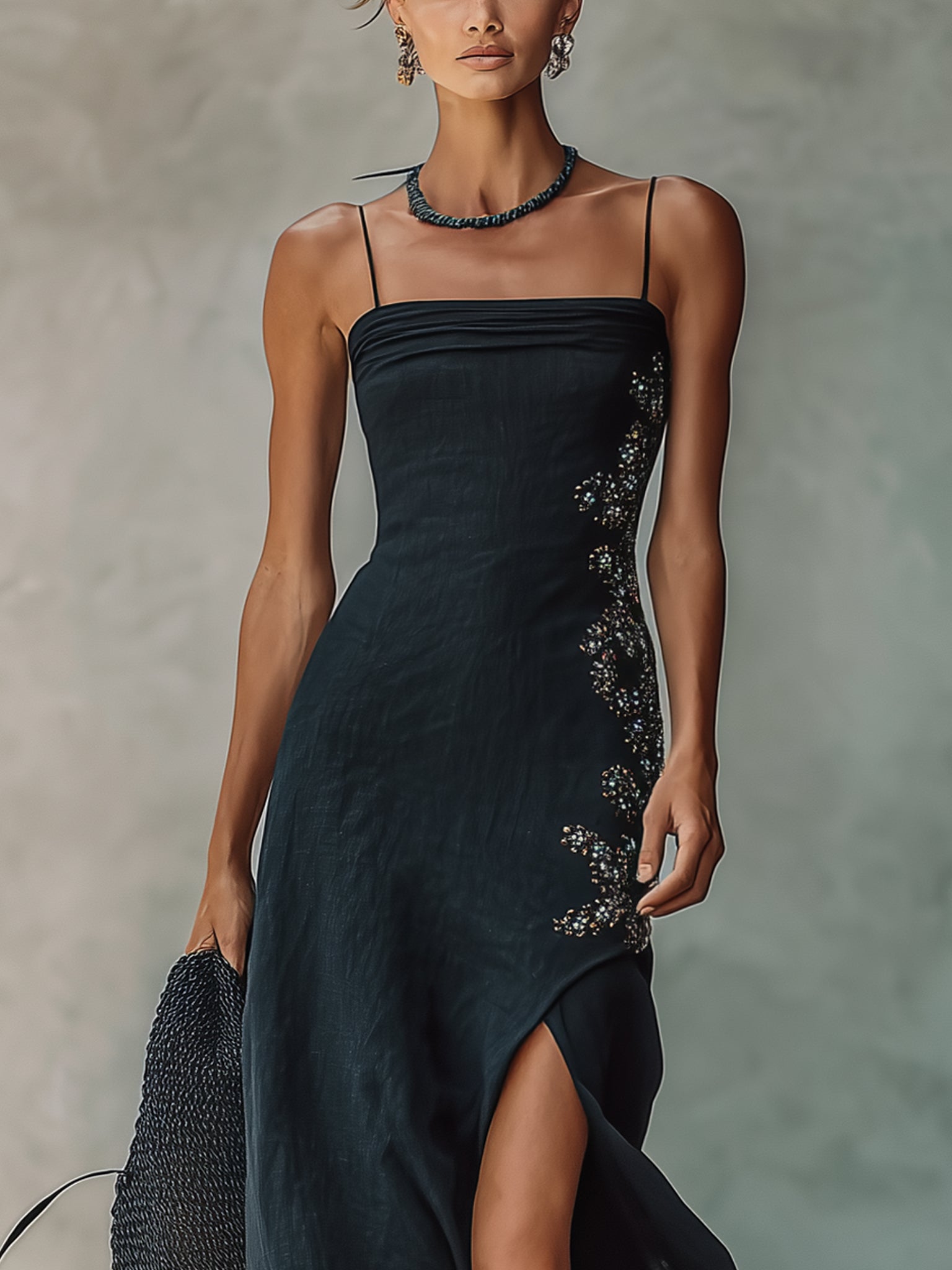 Black Sequin Embroidered Side Slit Maxi Dress
