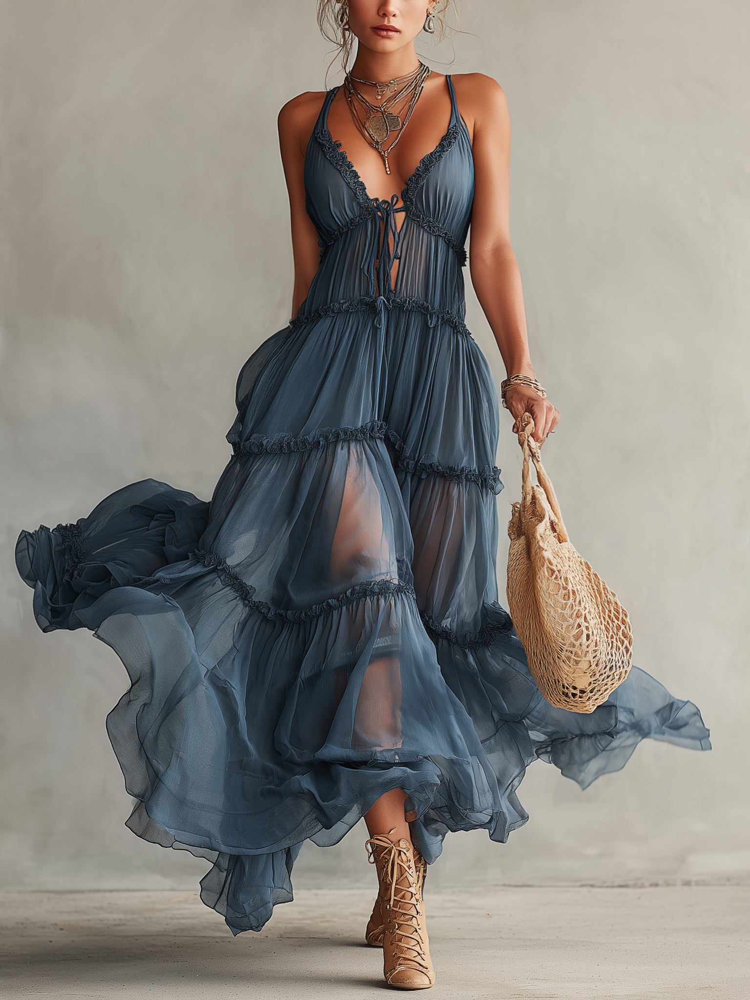 Blue Chiffon Tie Strap Maxi Dress