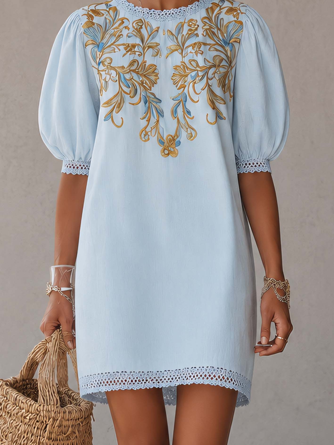Vintage Embroidered Light Blue Cotton Linen Mini Dress With Lace Trim