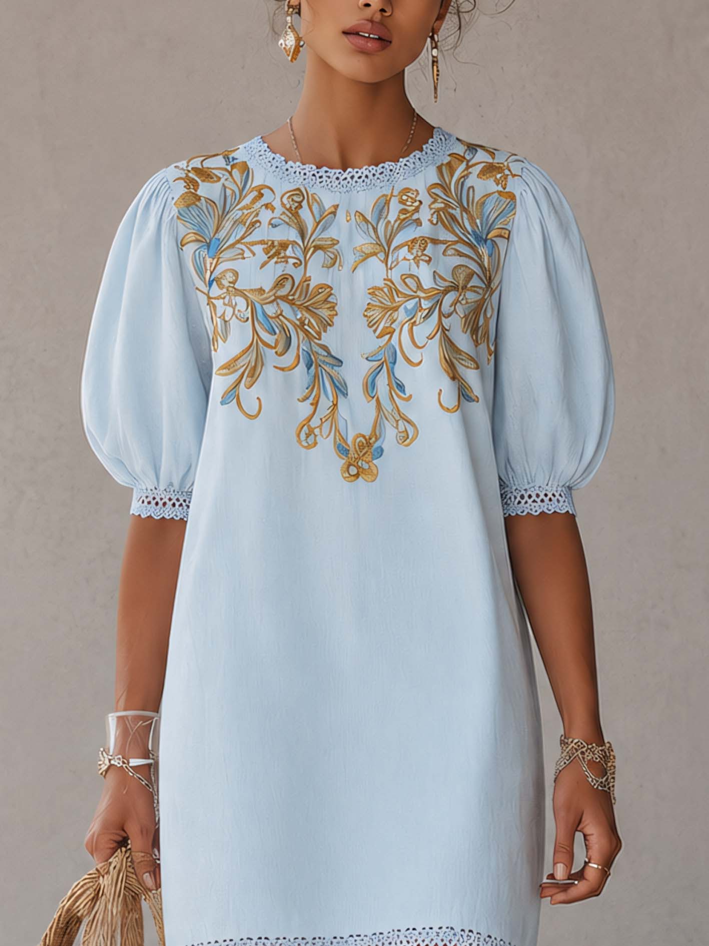 Vintage Embroidered Light Blue Cotton Linen Mini Dress With Lace Trim
