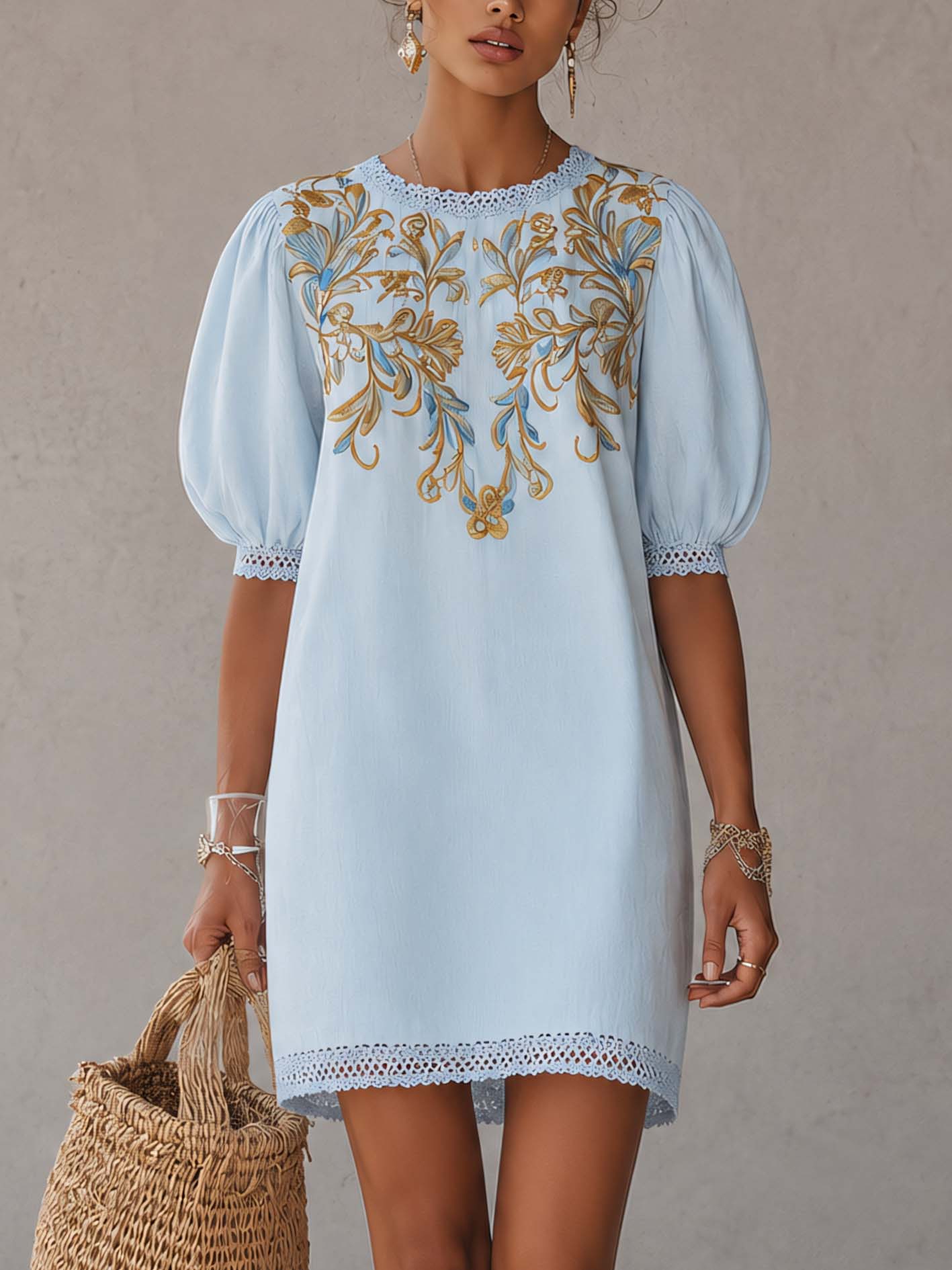 Vintage Embroidered Light Blue Cotton Linen Mini Dress With Lace Trim
