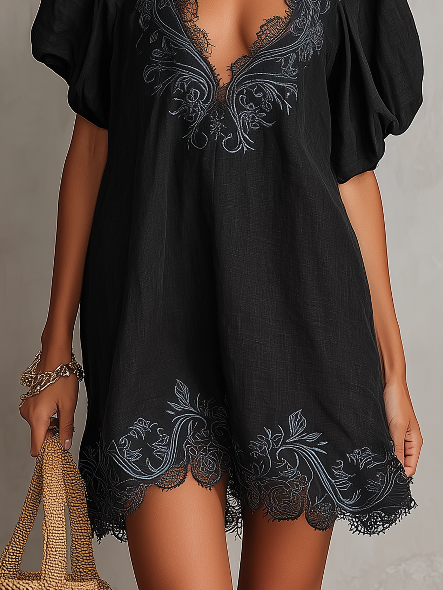 Black Embroidered Lace Trim Puff Sleeve Mini Dress