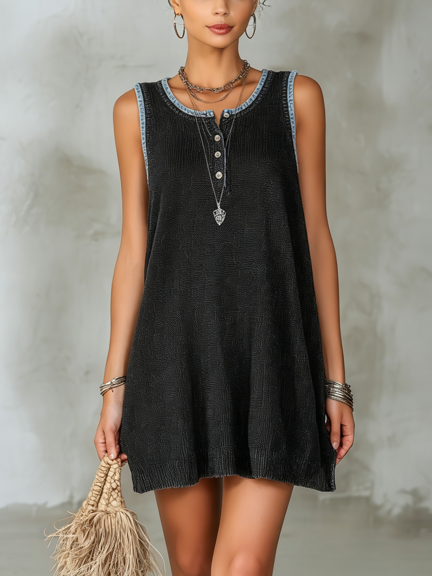 Black Knitted Sleeveless Mini Dress with Denim Trim and Button Detail