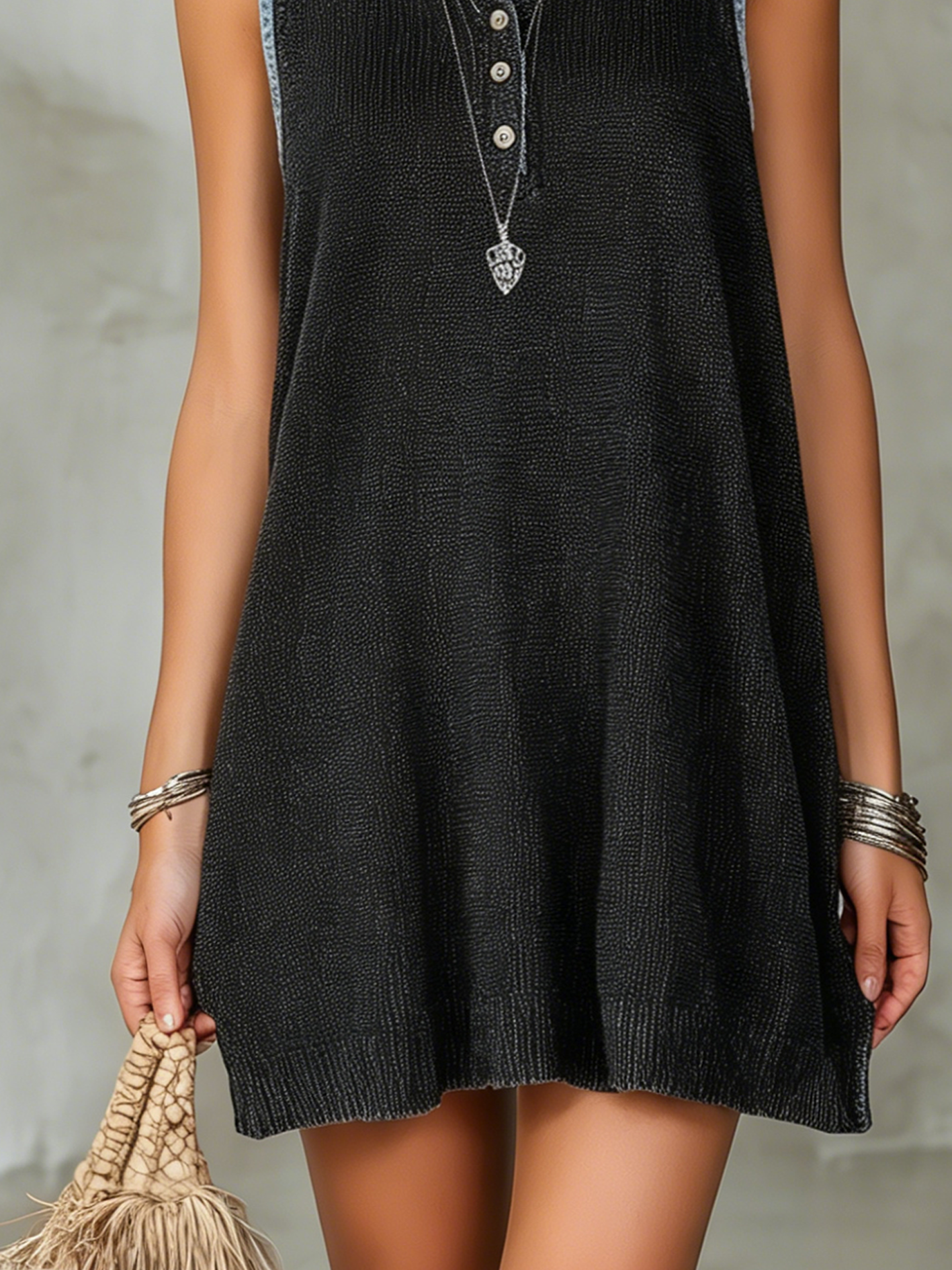 Black Knitted Sleeveless Mini Dress with Denim Trim and Button Detail