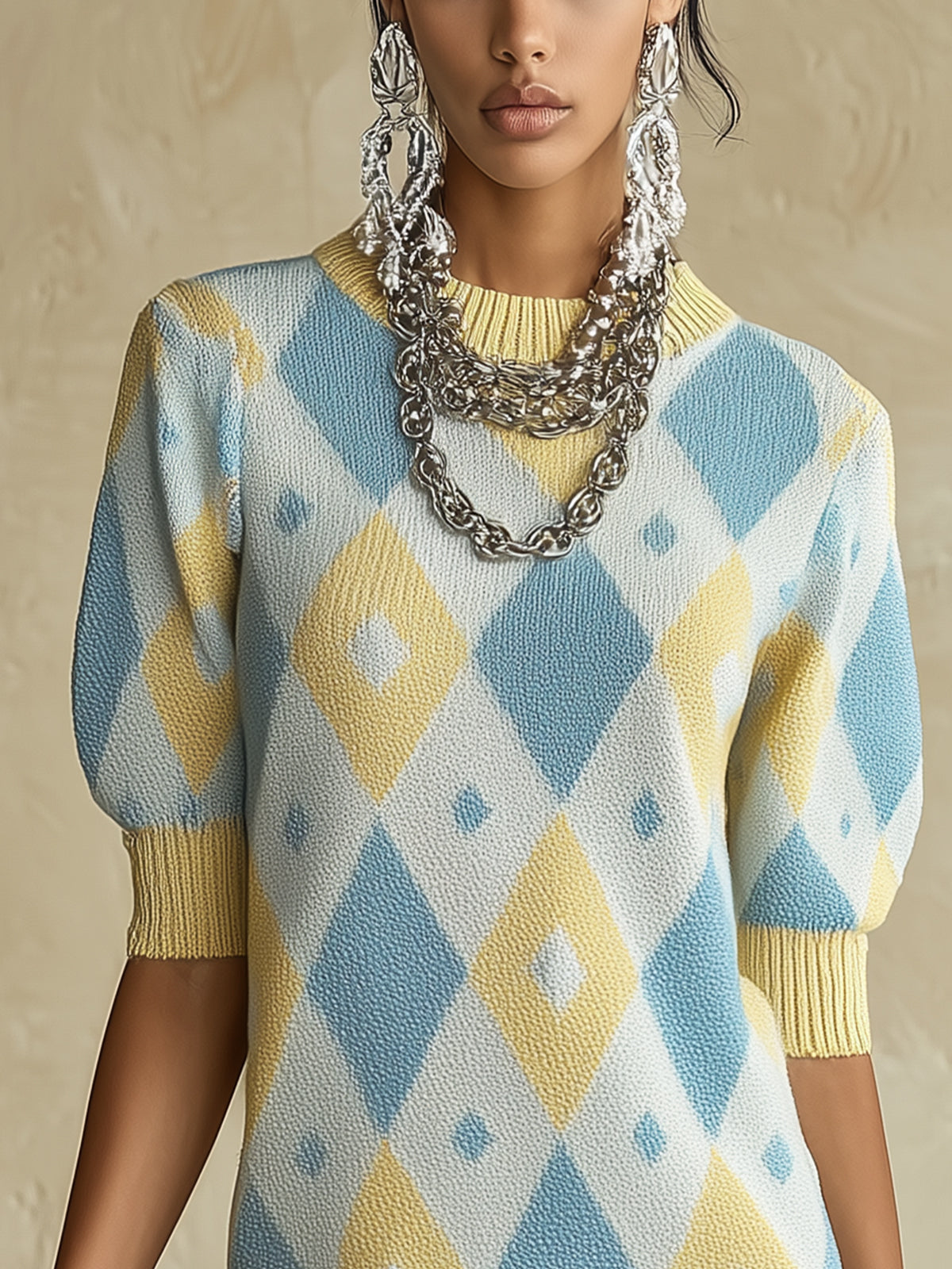 Blue And Yellow Argyle Puff Sleeve Knit Mini Dress