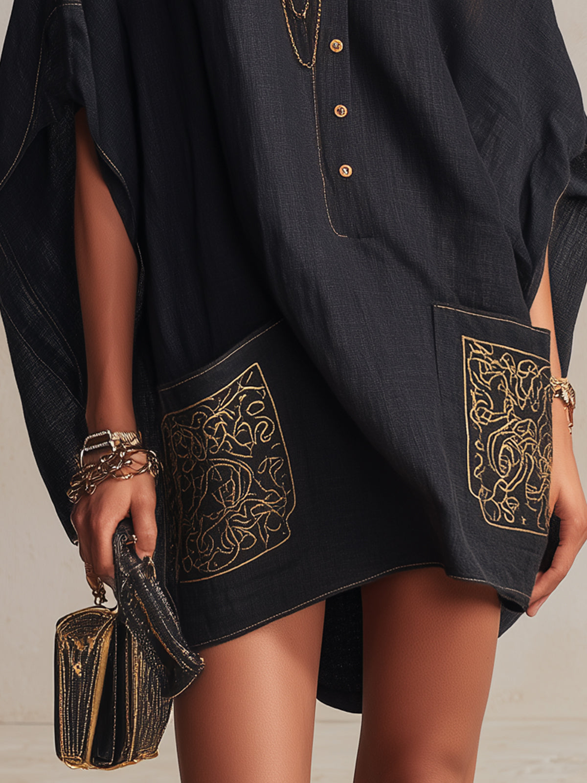 Black One-Shoulder Embroidered Button-Front Linen Mini Dress