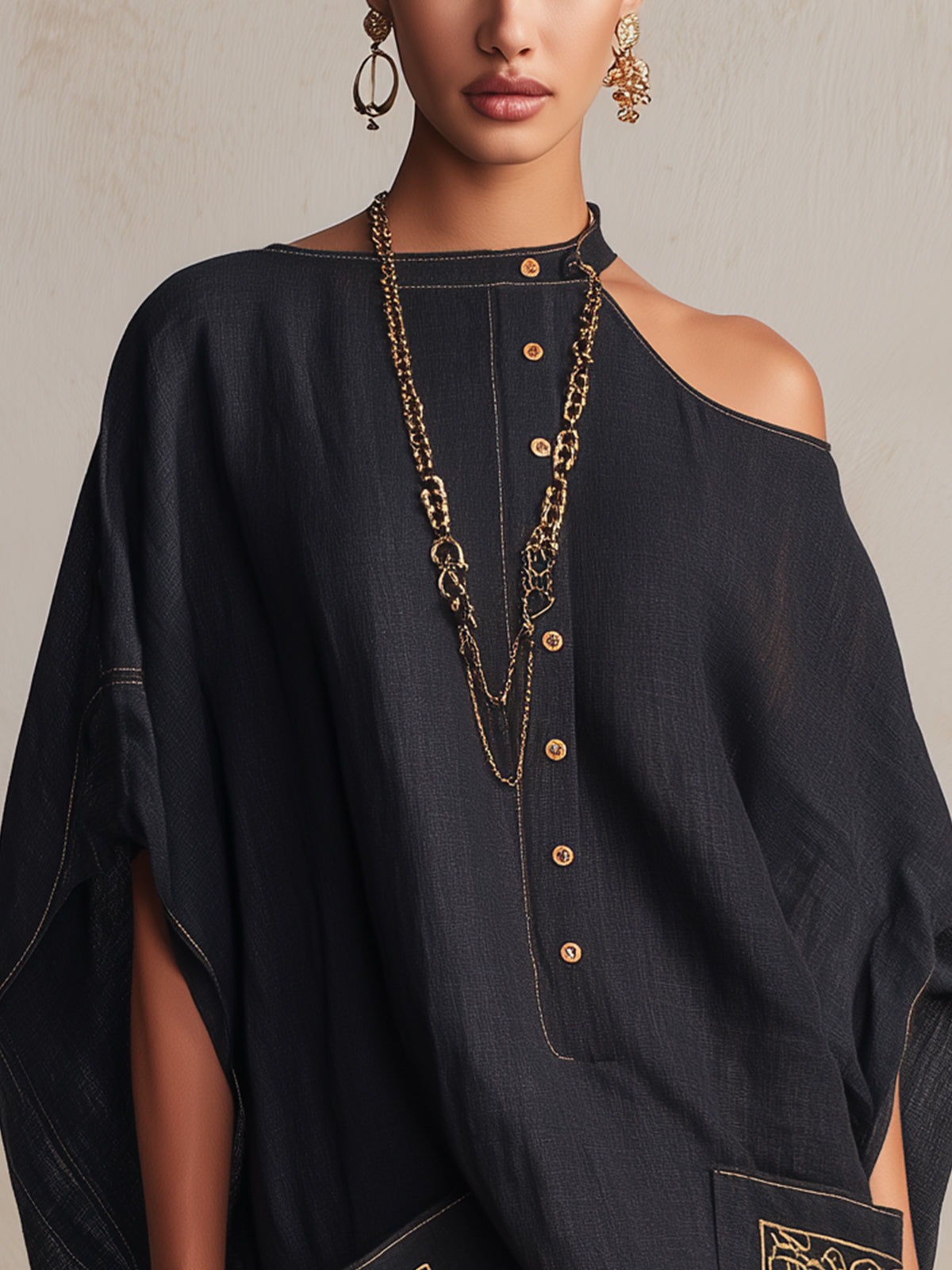 Black One-Shoulder Embroidered Button-Front Linen Mini Dress