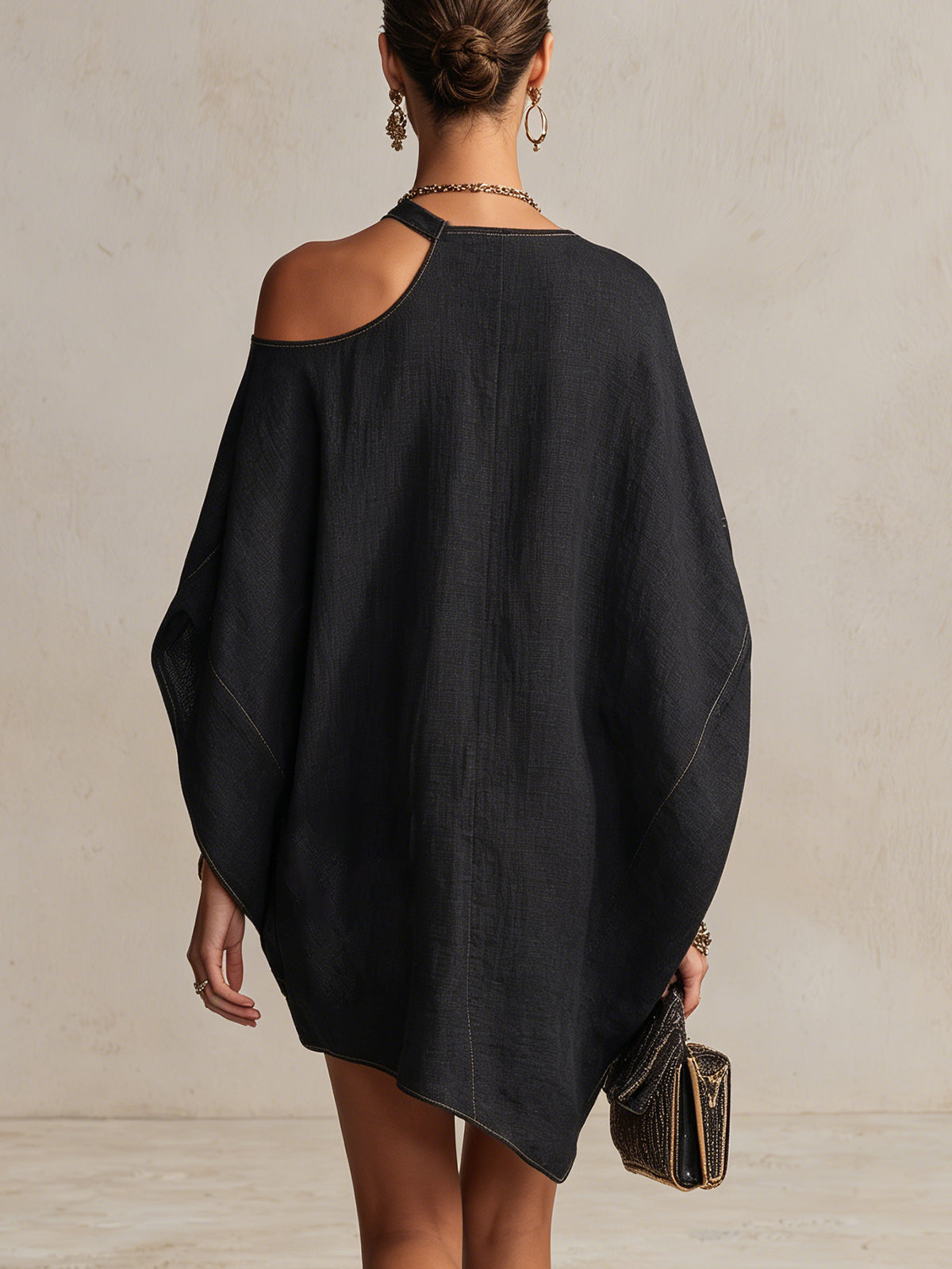 Black One-Shoulder Embroidered Button-Front Linen Mini Dress